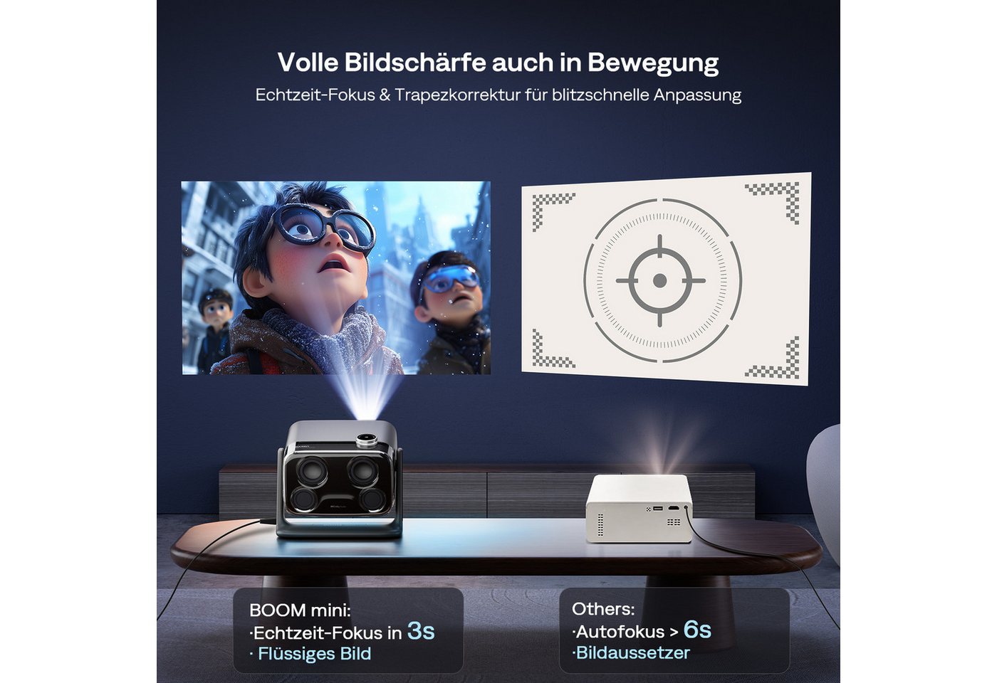 Aurzen BOOM Mini Smart Projektor mit Google TV, 4K Unterstützt Beamer (1000:1, Native 1920x1080 px, 500 ANSI lm, 20W Dolby Audio, Echtzeit-Autofokus und Trapezkorrektur) schwarz