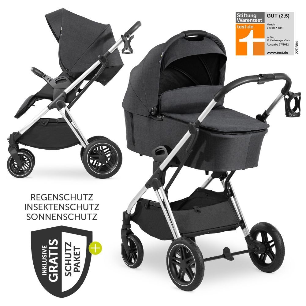 Hauck Kombi-Kinderwagen Vision X Duoset Silver - Melange Black, (7-tlg), 2in1 Kinderwagen Buggy Set mit Babywanne, Sportsitz und Regenschutz