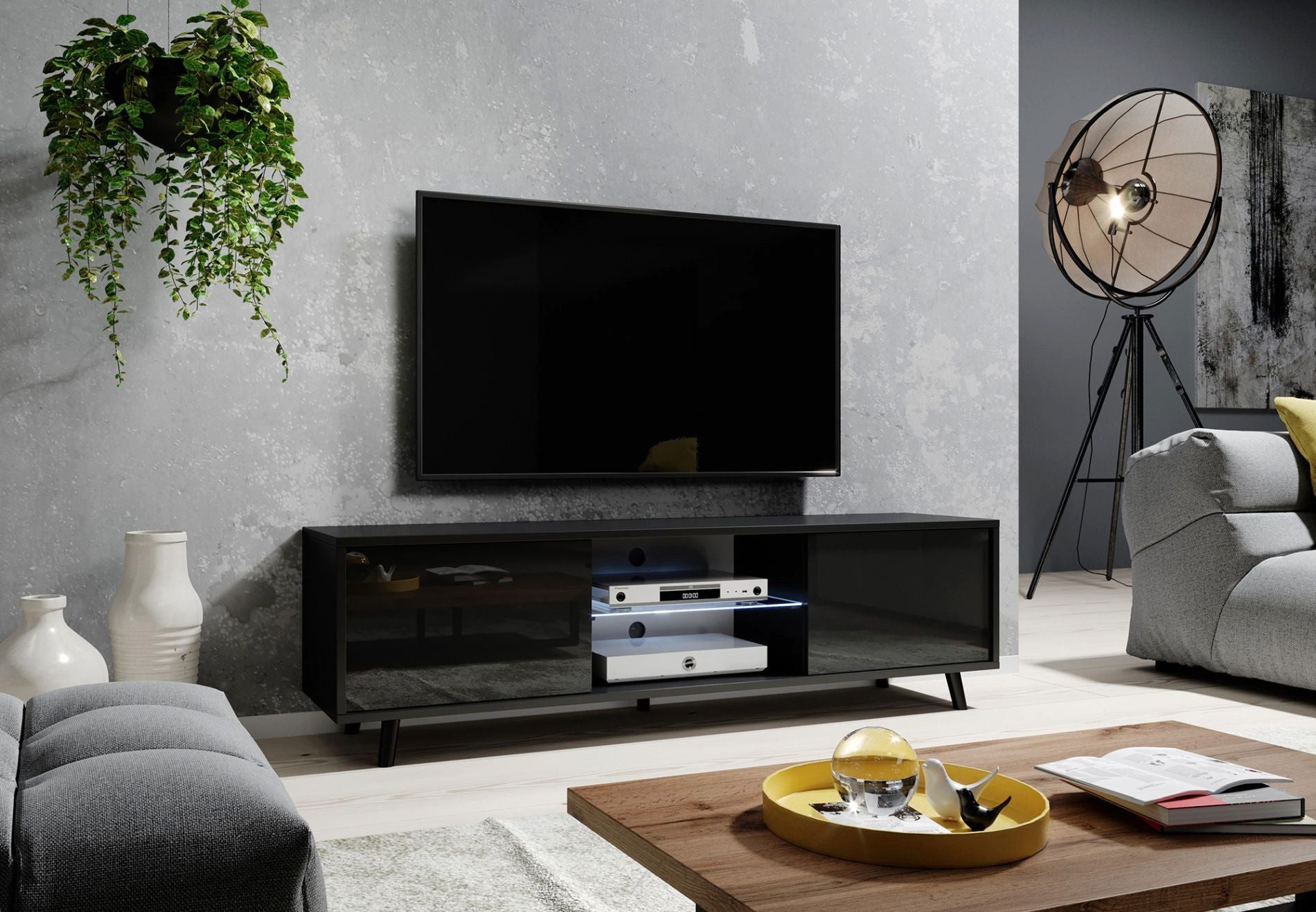 Selsey TV-Schrank LEFYR TV-Lowboard 140 cm, schwarz, mit LED-Beleuchtung und Glaseinlegeböden