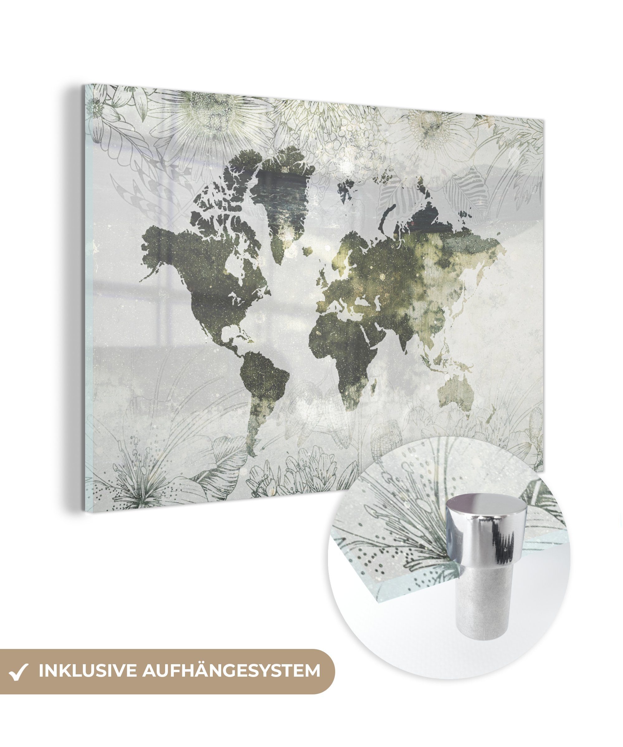 MuchoWow Acrylglasbild Weltkarte - Blumen - Gelb, (1 St), Glasbilder - Bilder auf Glas Wandbild - Foto auf Glas - Wanddekoration