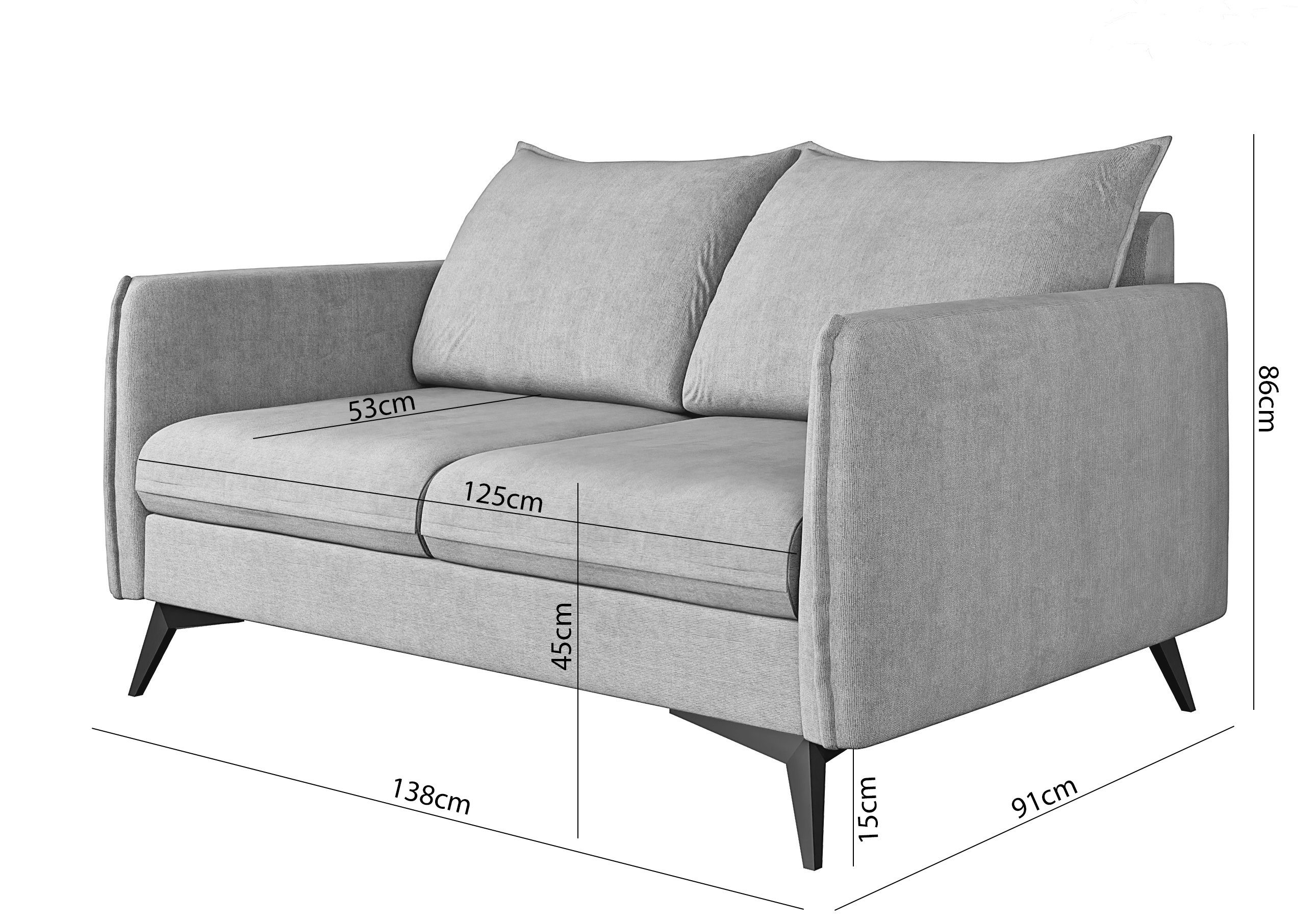 Füßen, mit Sofa Metall Modernes mit Silber Schwarz Wellenfederung S-Style 2-Sitzer Möbel Azalea