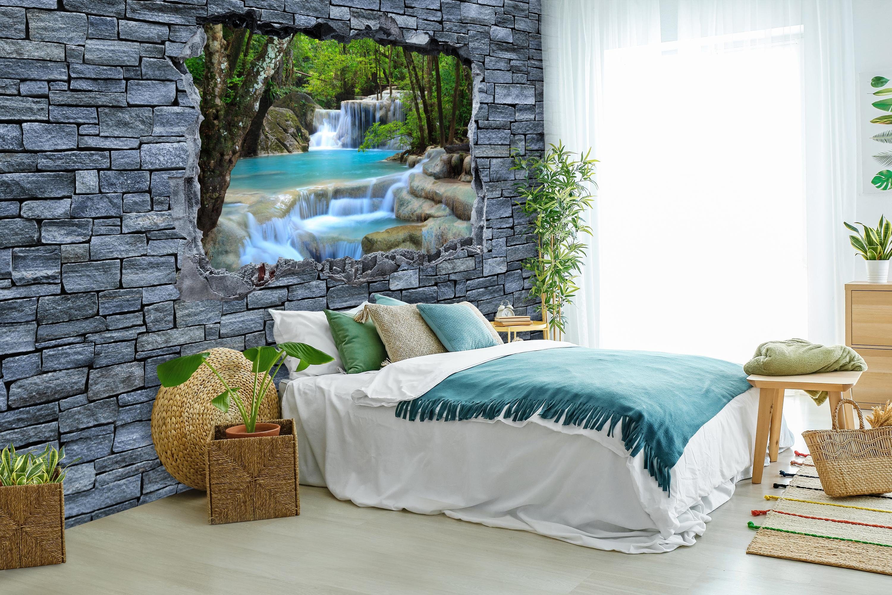 glatt, im 3D - wandmotiv24 Thailand Vliestapete Motivtapete, Wasserfall Fototapete Erawan matt, Steinmauer, Wandtapete,