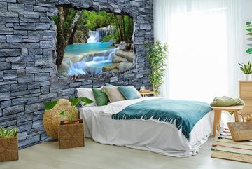 wandmotiv24 Fototapete 3D Erawan Wasserfall im Thailand - Steinmauer, glatt, Wandtapete, Motivtapete, matt, Vliestapete
