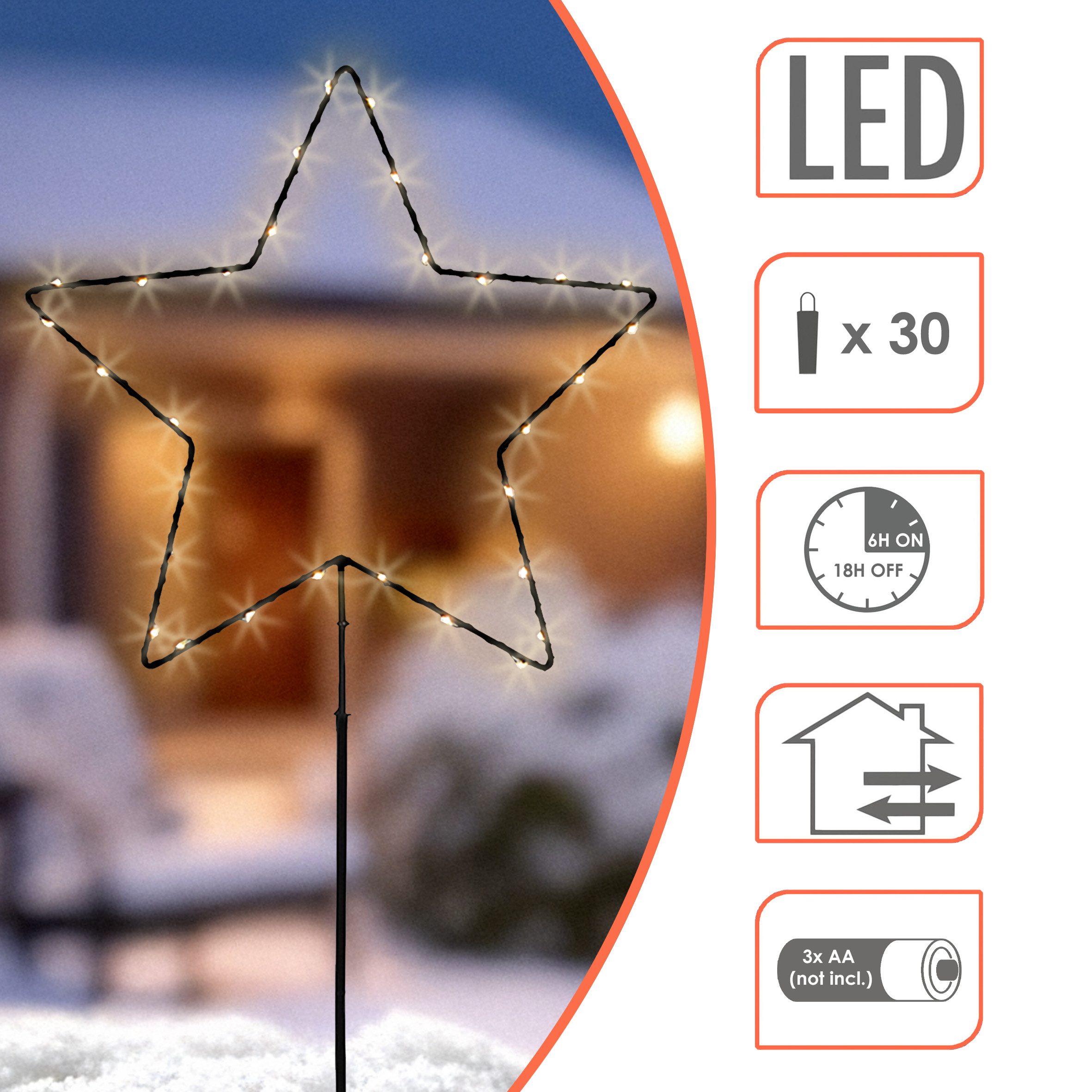 Spetebo LED Stern Gartenstecker Stern Silhouette, mit Timer Funktion, LED fest integriert, gold, Batteriefach mit IP44 Schutz