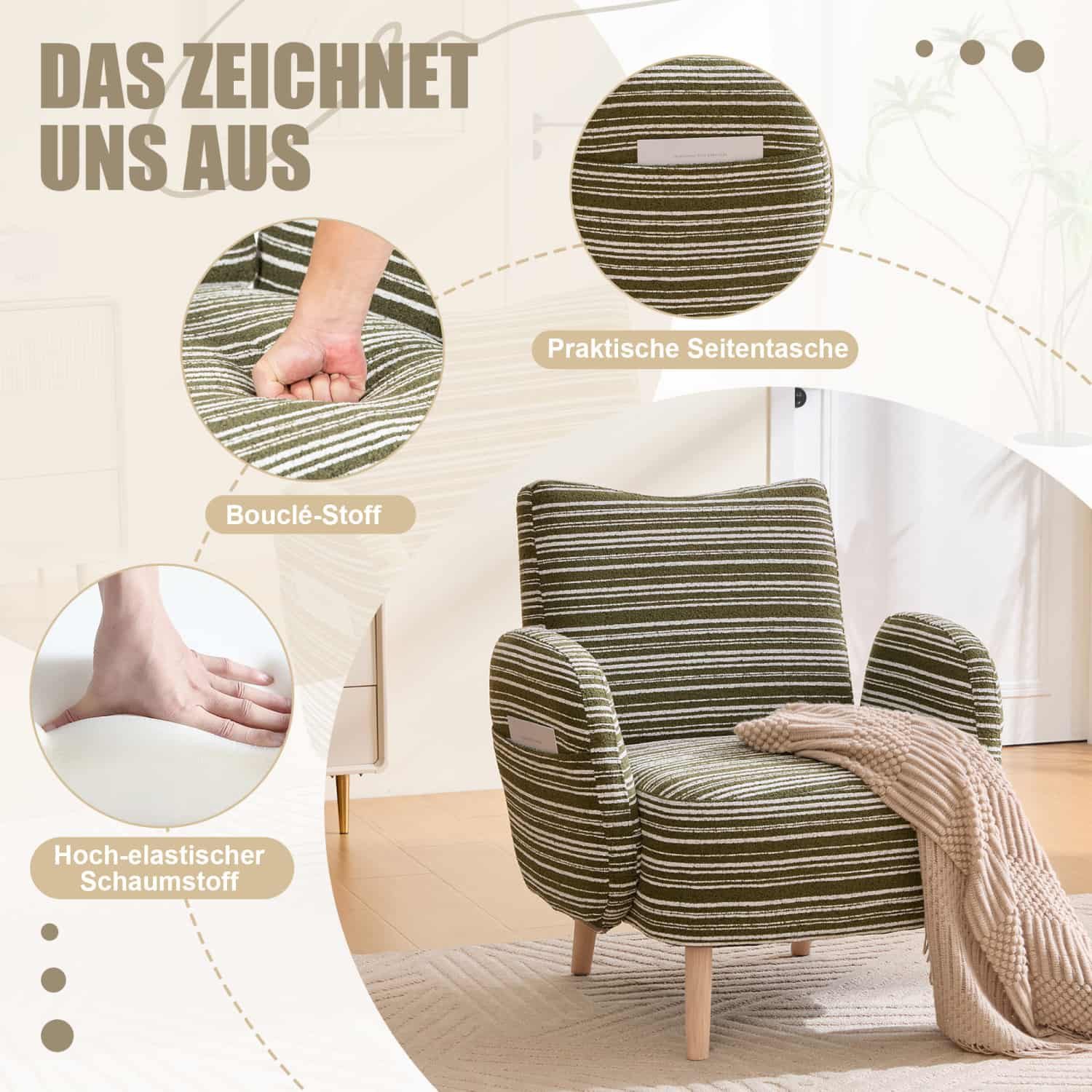 ANYSUN Loungesessel Sessel Loungesessel mit Seitentasche, gepolsterter Bouclé-Lesesessel., Armlehnsessel mit Massivholzbeinen für Wohnzimmer, bis 230 kg.