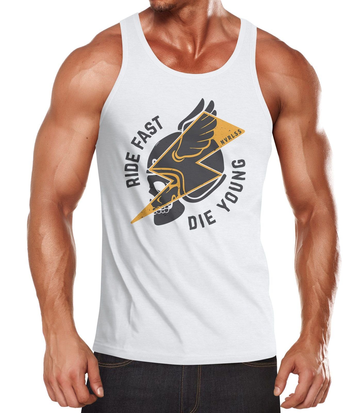 Tanktop Herren Tank-Top Rocker Biker Spruch Motiv Ride Fast Die Young Flash Blitz Skull Helm Muskelshirt Muscle Shirt Neverless®