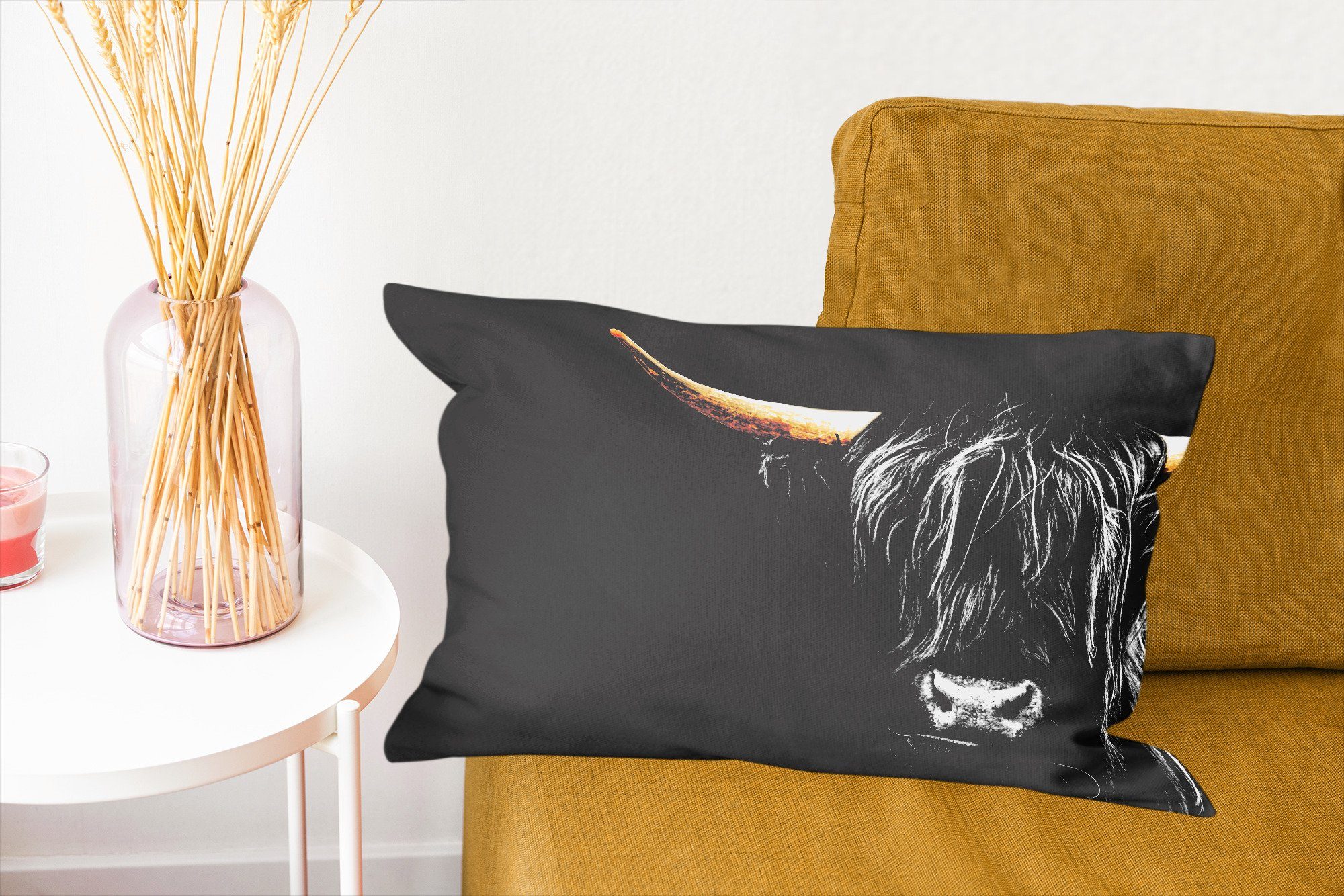 MuchoWow Tiere Schlafzimmer Wohzimmer Kuh, Dekoration, Dekokissen Schottischer - mit Zierkissen, Dekokissen Mantel Gold - - Füllung, Highlander -