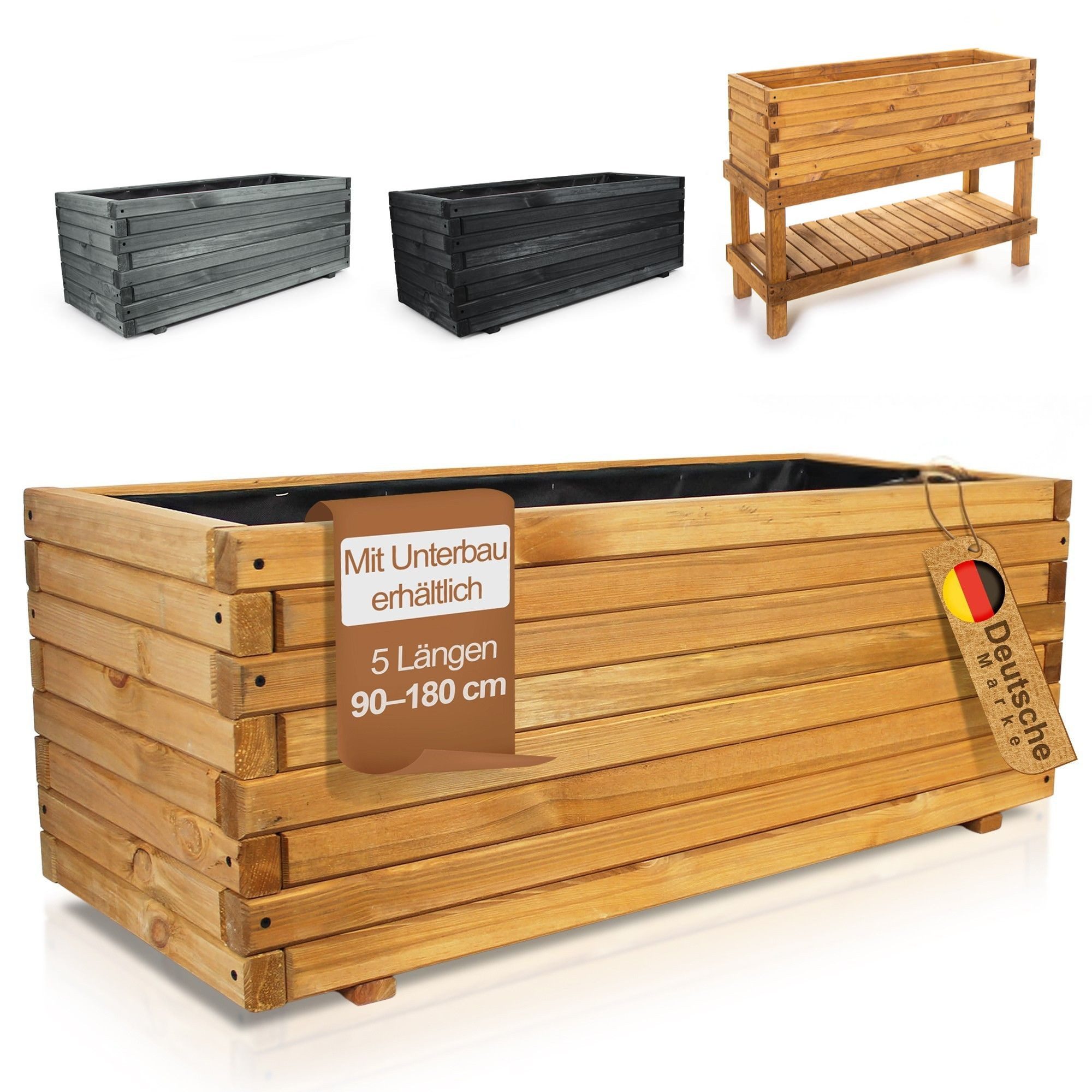 BooGardi Pflanzkübel groß außen & innen mit Vlies · Blumenkasten XXL (Pflanzkasten rechteckig · 90 cm naturbraun), 10 Größen · Hochbeet · Holz · für Garten, Balkon & Terrasse