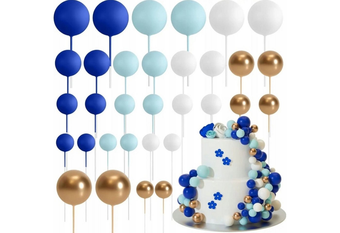 Festivalartikel, Topper Torten Dekoration – Blau-Gold-Weiß Kugeln auf Pik 108 Stück., Schaum PE