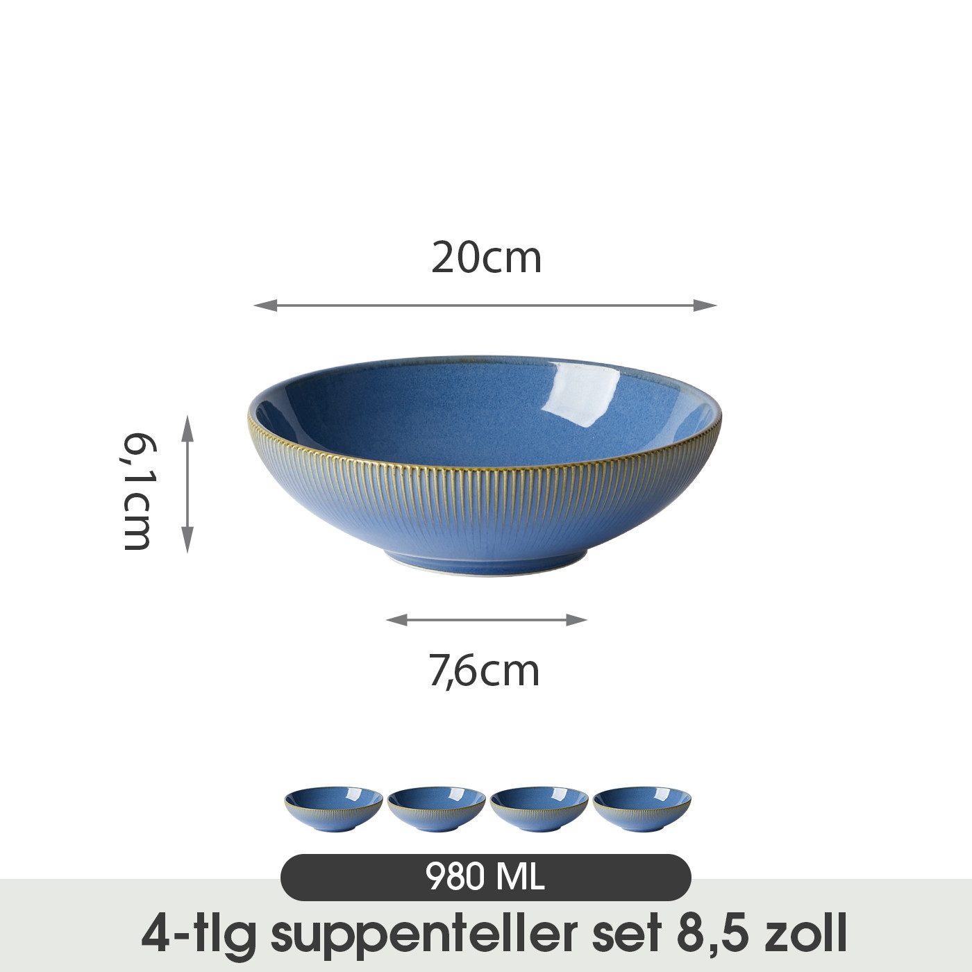 JIWOO Suppenteller 4/6er Ø20cm Speiseteller Salatteller Pastateller Teller Suppenschüssel, (4 St), Geschirr-Sets Keramik Teller set Blau Mikrowellen spülmaschinenfest