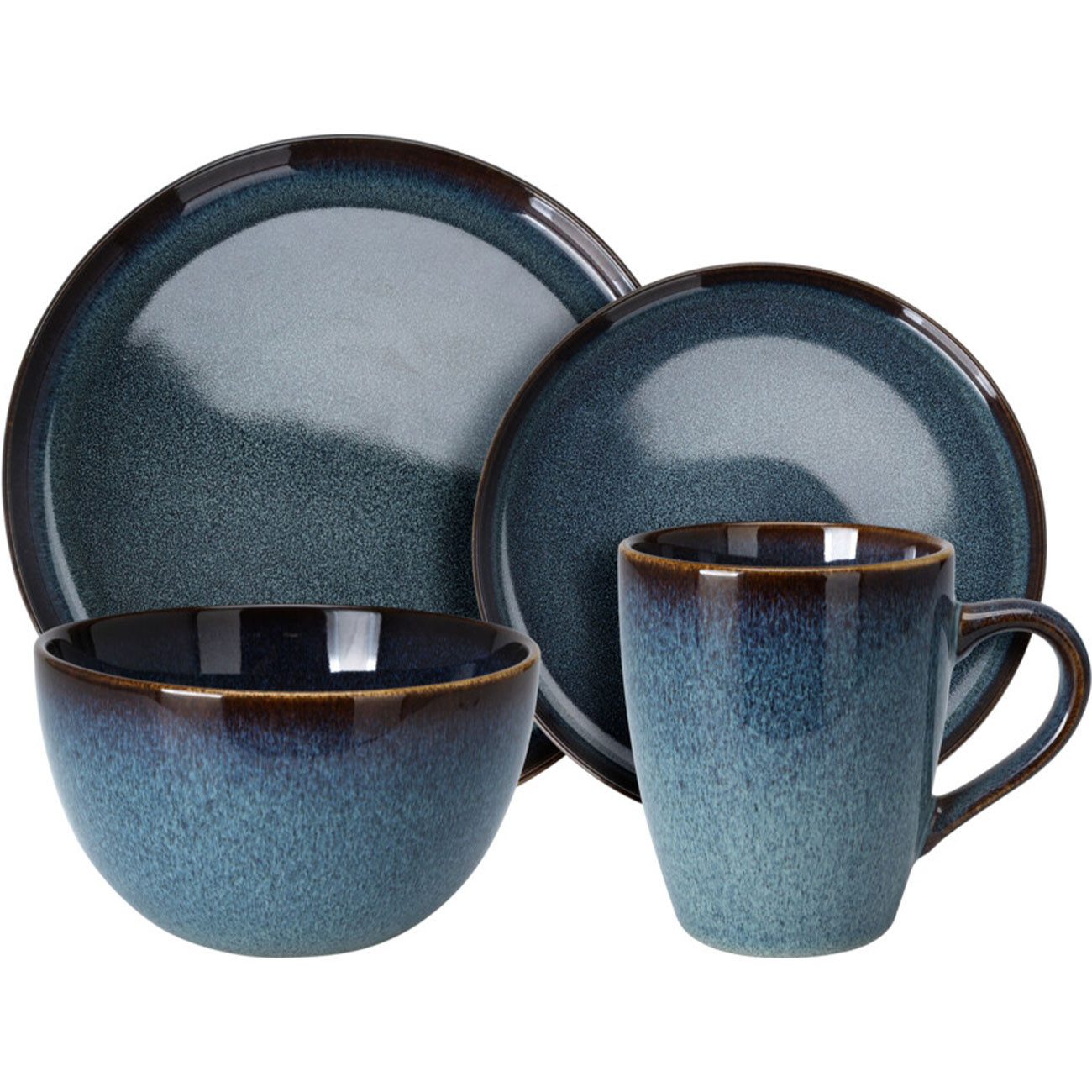 Excellent Houseware Geschirr-Set 16-tlg. Steingut Geschirr-Set, Kombiservice 4 Personen, Blau-Braun, 4 Personen, Edles 16-teiliges Kombiservice aus robustem Steingut für 4 Personen
