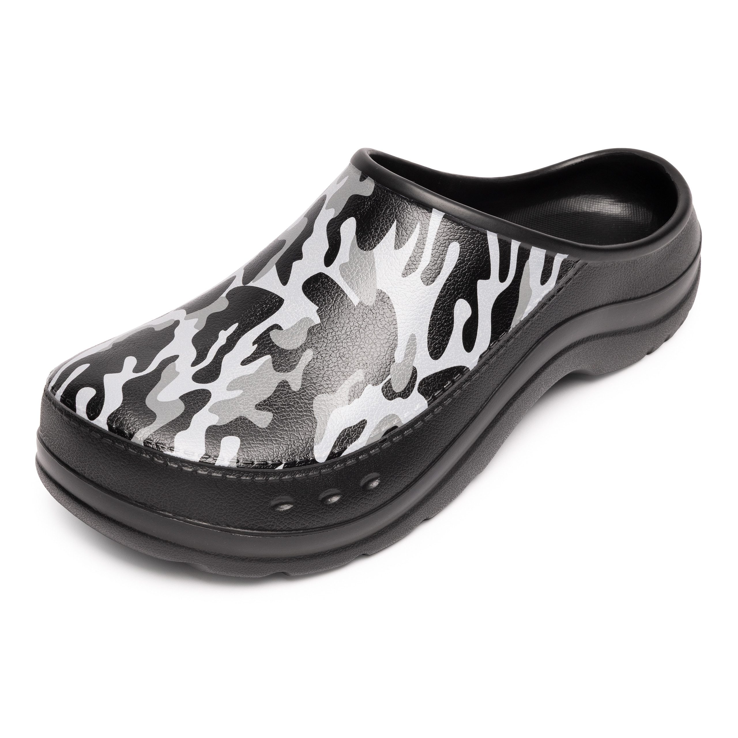 Ladeheid Gartenclogs für Herren Ultraleicht EVA Gartenschuhe LA-CA-26 Clog (45 EU, Schwarz/Weiß Tarnmuster) Wasserdicht & Flexibel