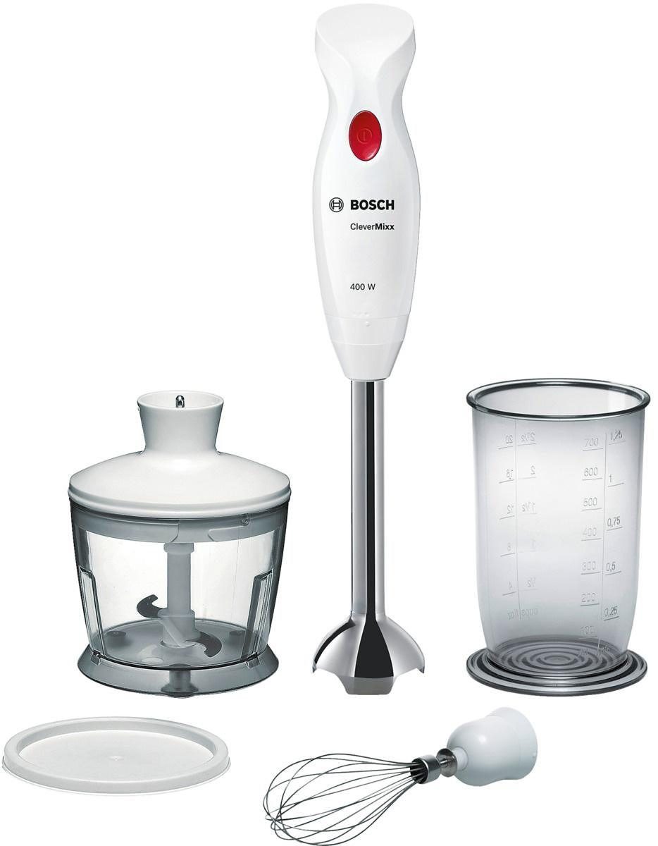 BOSCH Stabmixer CleverMixx MSM24500, Edelst. Mixfuß, Zerkleinerer, Schneebesen, weiß, 400 W, 4 Klingen, Mixbecher, Made in Europe