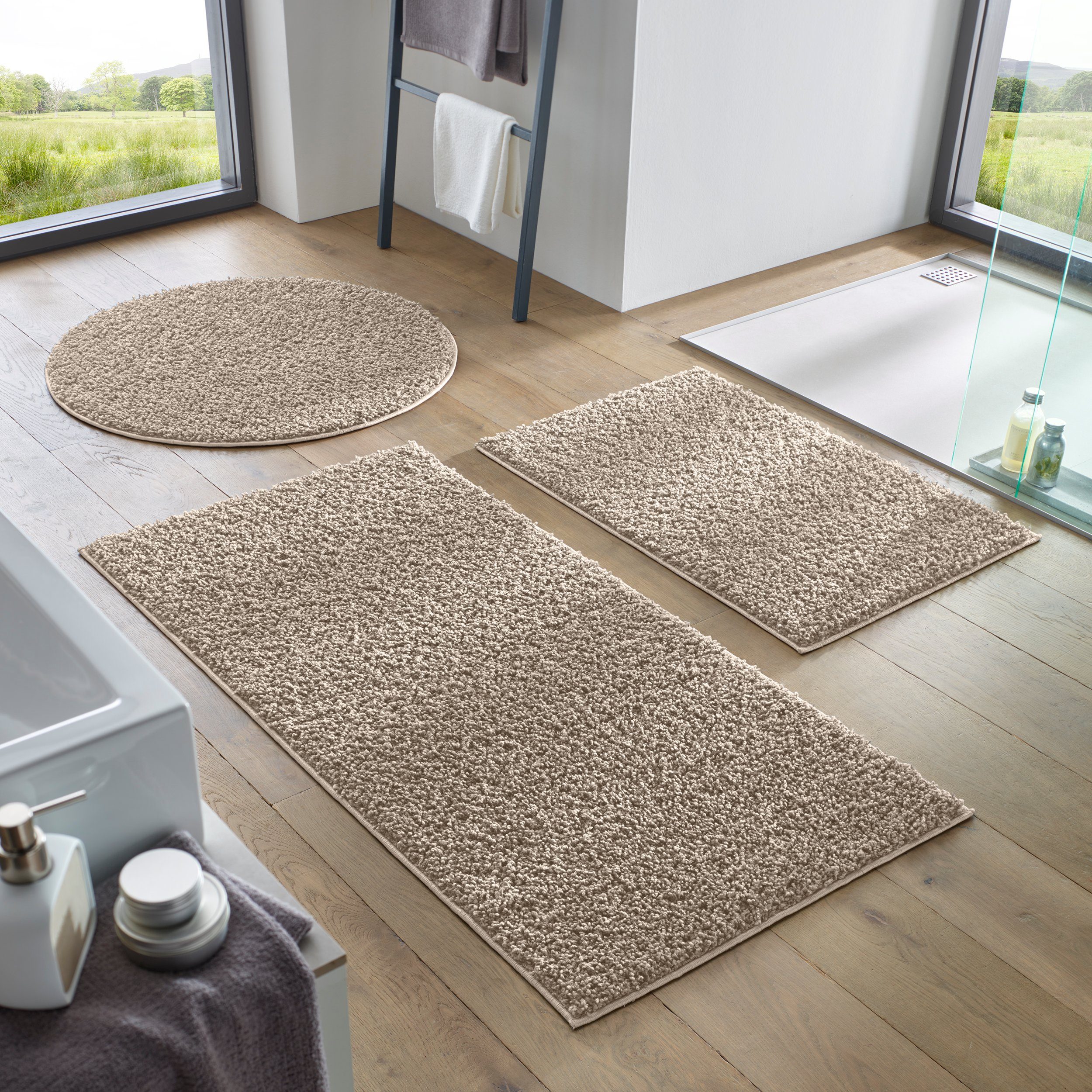 mm, - rund, Langflor-Teppich cm 90 Höhe: Flur, rund Rutschfest, Wohnzimmer Küche TaCa Waschbarer Home, Badematte Badezimmer Beige 30 Langflor-Teppich