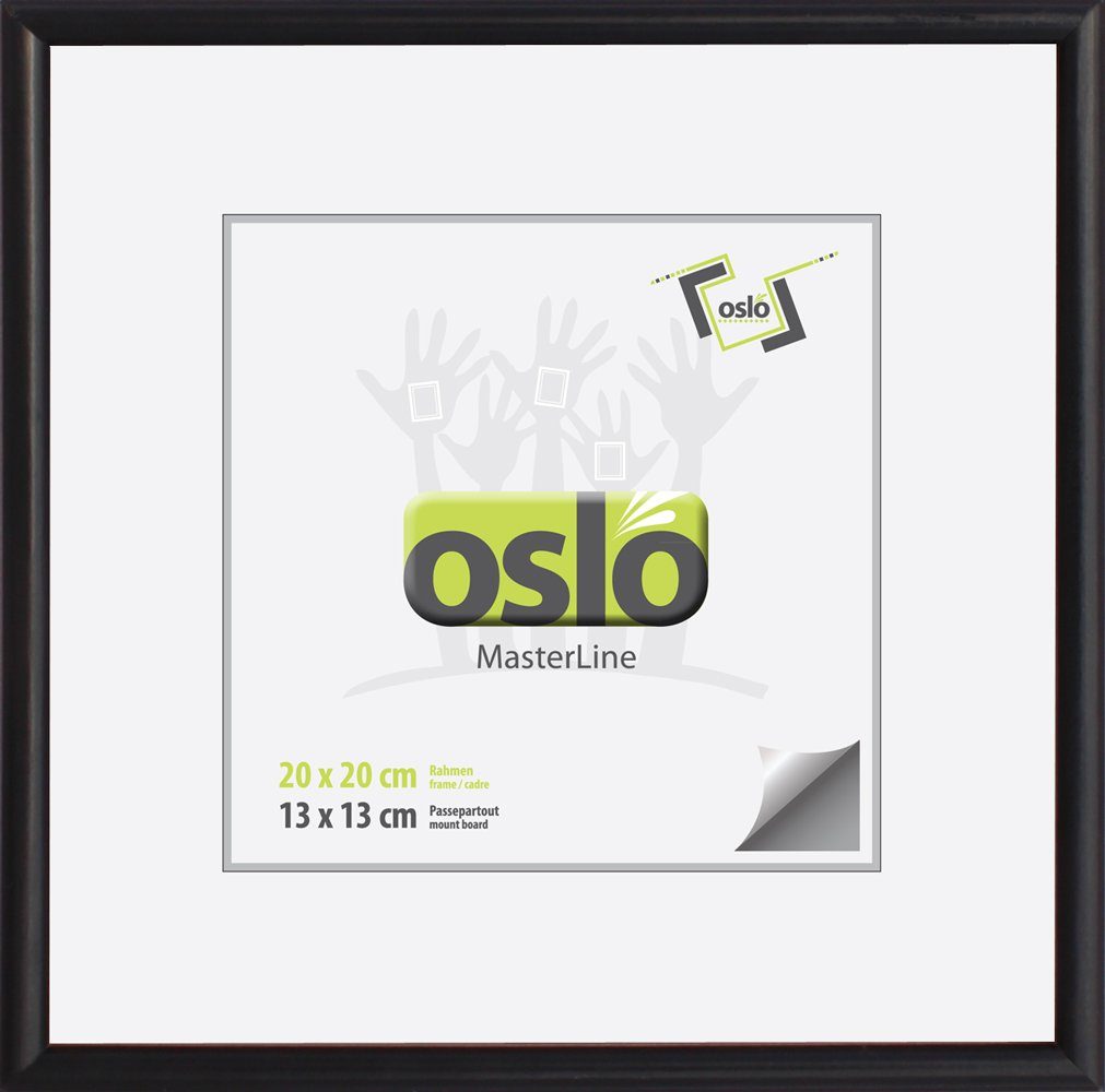 Oslo MasterLine Einzelrahmen Bilderrahmen 20 x 20 cm Holz massiv, schmales Profil, Echtglas, FSC, schwarz quadratisch mit stabilem Aufsteller