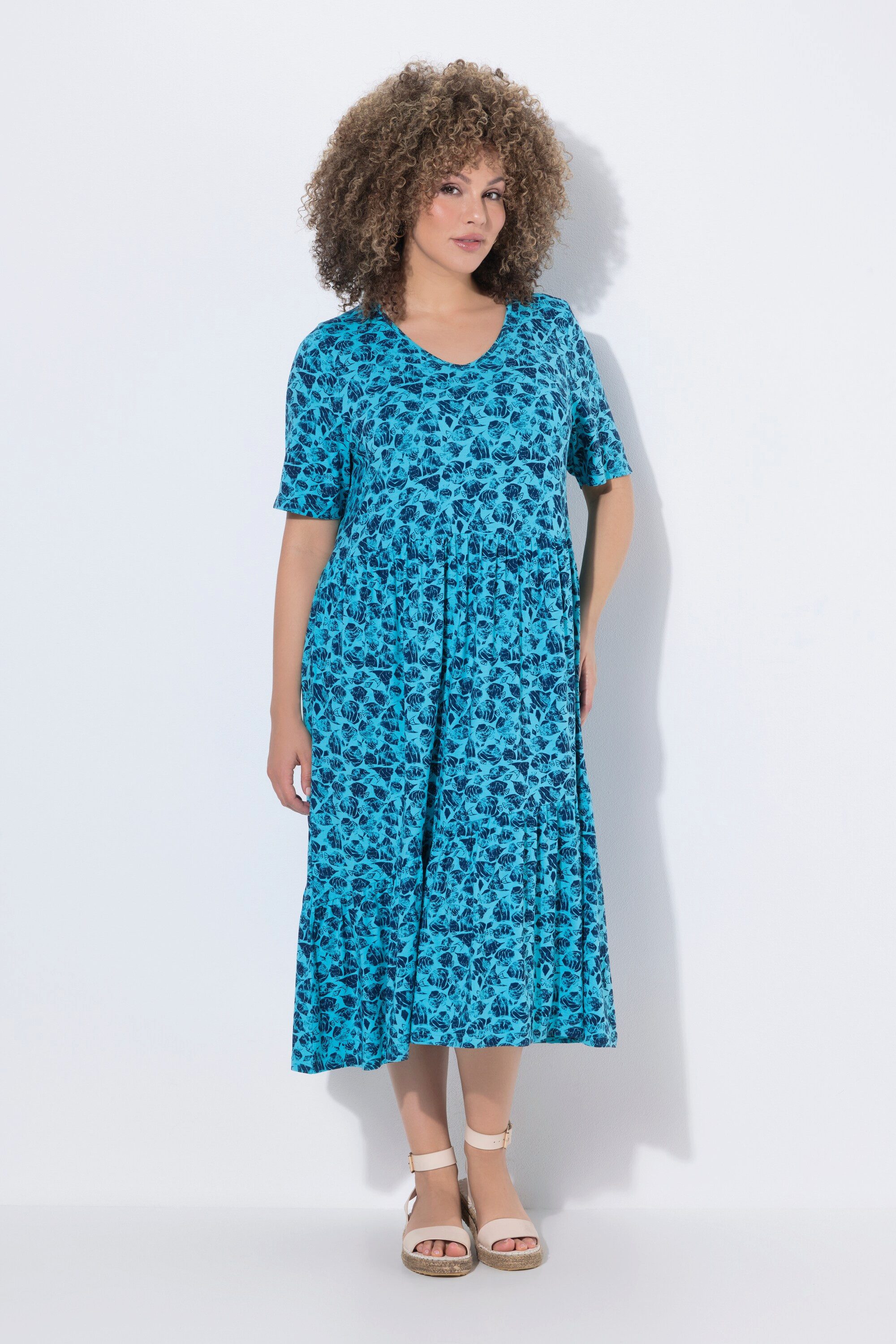 Midikleid Jerseykleid Volants A-Linie V-Ausschnitt Halbarm