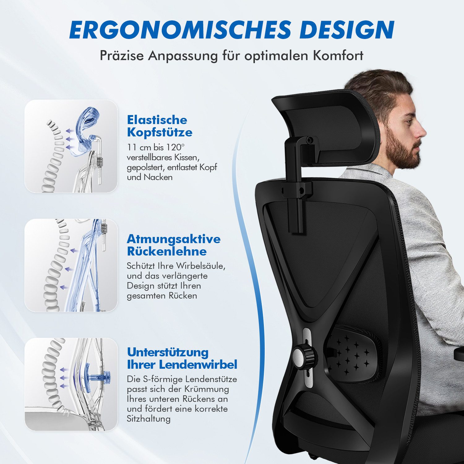 Hiazurm Bürostuhl Bürostuhl, Chefsessel, Ergonomischer Schreibtischstuhl, Computerstuhl (Verstellbare 5D gepolsterte Lendenwirbelstütze, Wippfunktion bis 135°,geräuscharmen Rollen, höhenverstellbar), Atmungsaktiver Netzbezug,Bis 200 kg