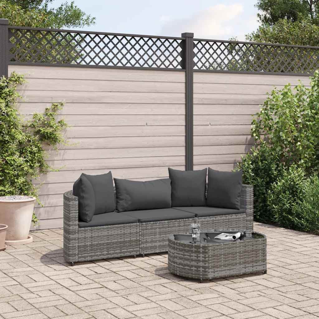 vidaXL Gartenlounge-Set 4-tlg. Garten-Sofagarnitur mit Kissen Grau Poly Rattan, (3-tlg)