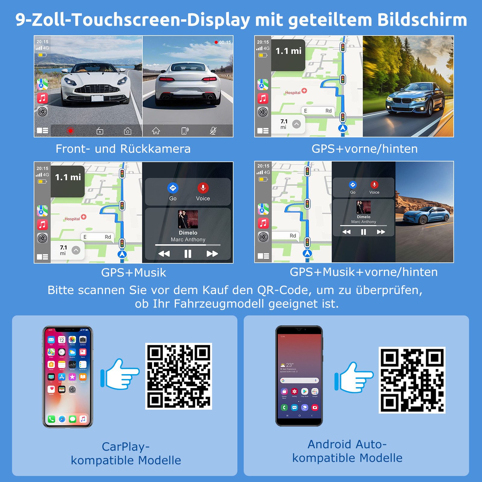 ESSGOO Wireless Carplay Android Auto real 4K Dashcam BT mit Rückfahrkamera Navigationsgerät