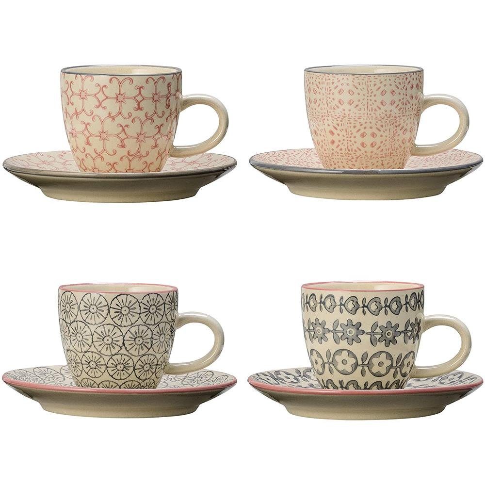 Bloomingville Espressotasse Cécile Espresso Cup & Saucer,Rose,Stoneware, 90ml, 4er Set Espresso Tassen, 4-teilig Kaffeetasse, Espressotasse