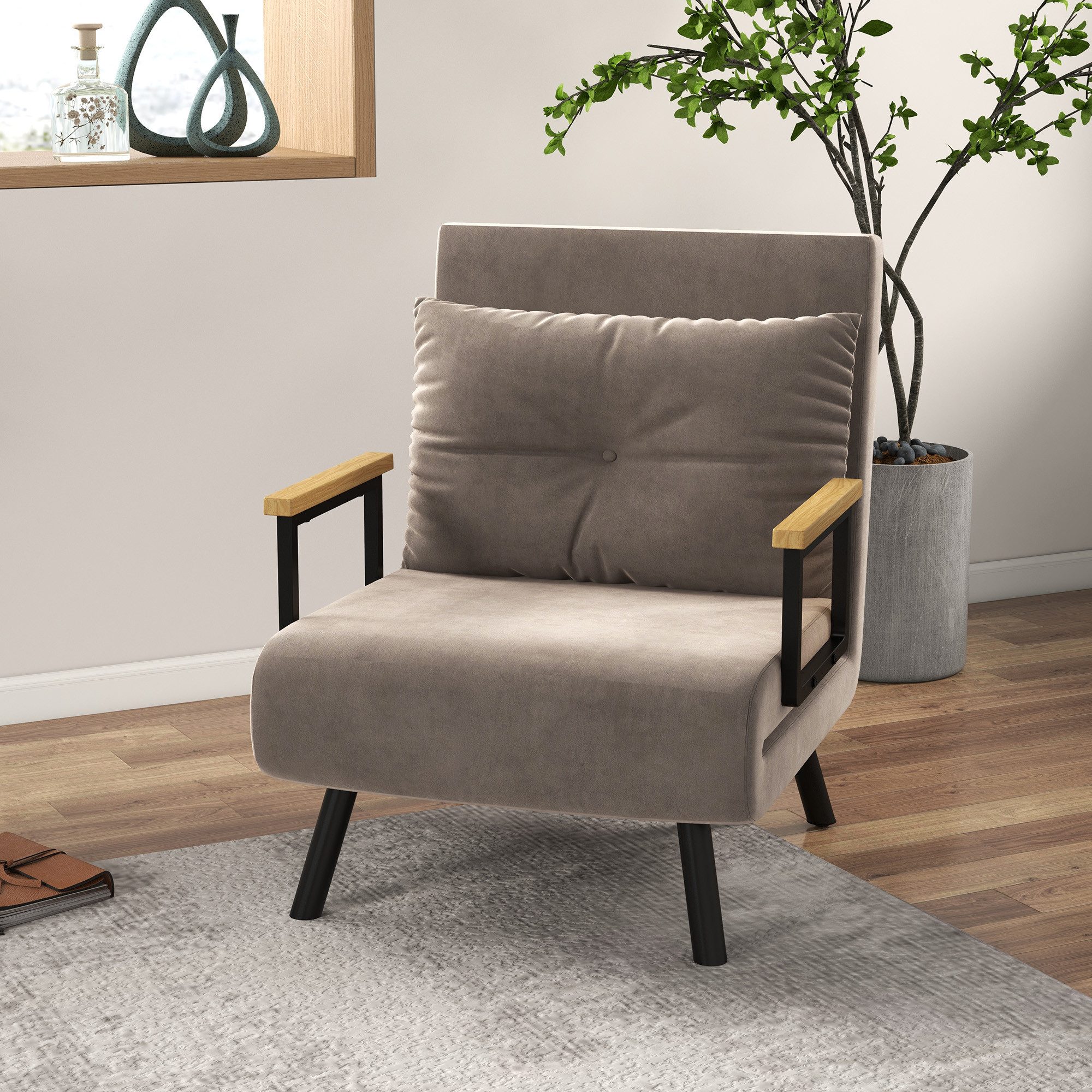 HOMCOM Schlafsofa Schlafsessel mit Schlaffunktion, Lendenkissen und Samtoptik, Verstellbare Sessel 1 Teile, 73 x 63 x 81 cm, Braun