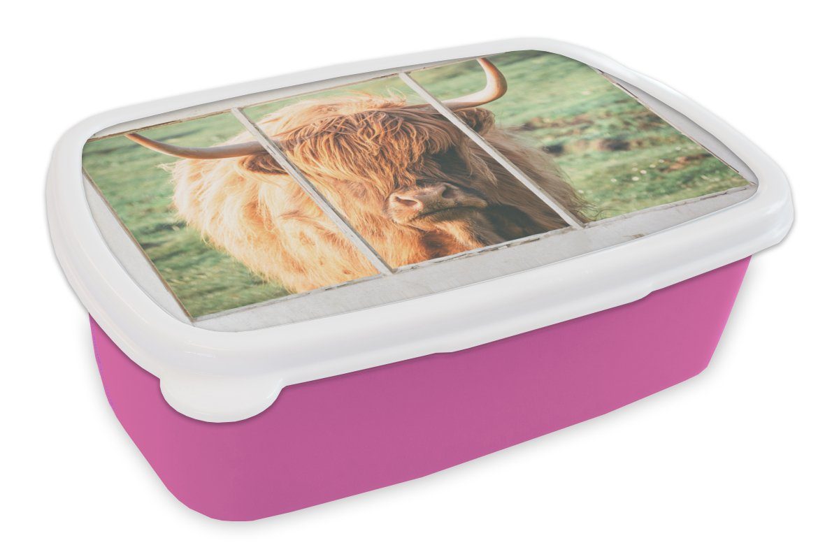 MuchoWow Lunchbox Schottische Highlander - Natur - Ansicht, Kunststoff, (2-tlg), Brotbox für Erwachsene, Brotdose Kinder, Snackbox, Mädchen, Kunststoff rosa
