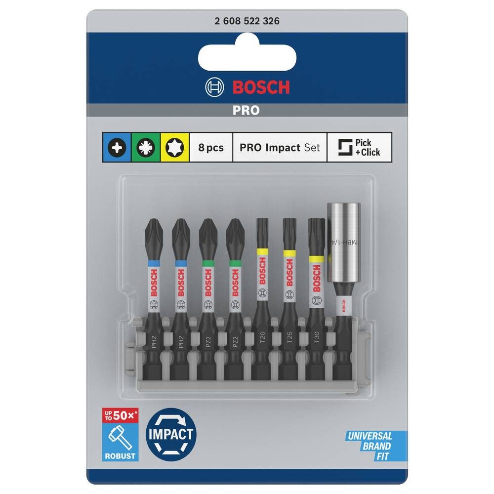 BOSCH Kreuzschlitz-Bit Schrauberbit-Set Impact Control, 8-teilig, 2 x PH2, 2x PZ2 2608522326