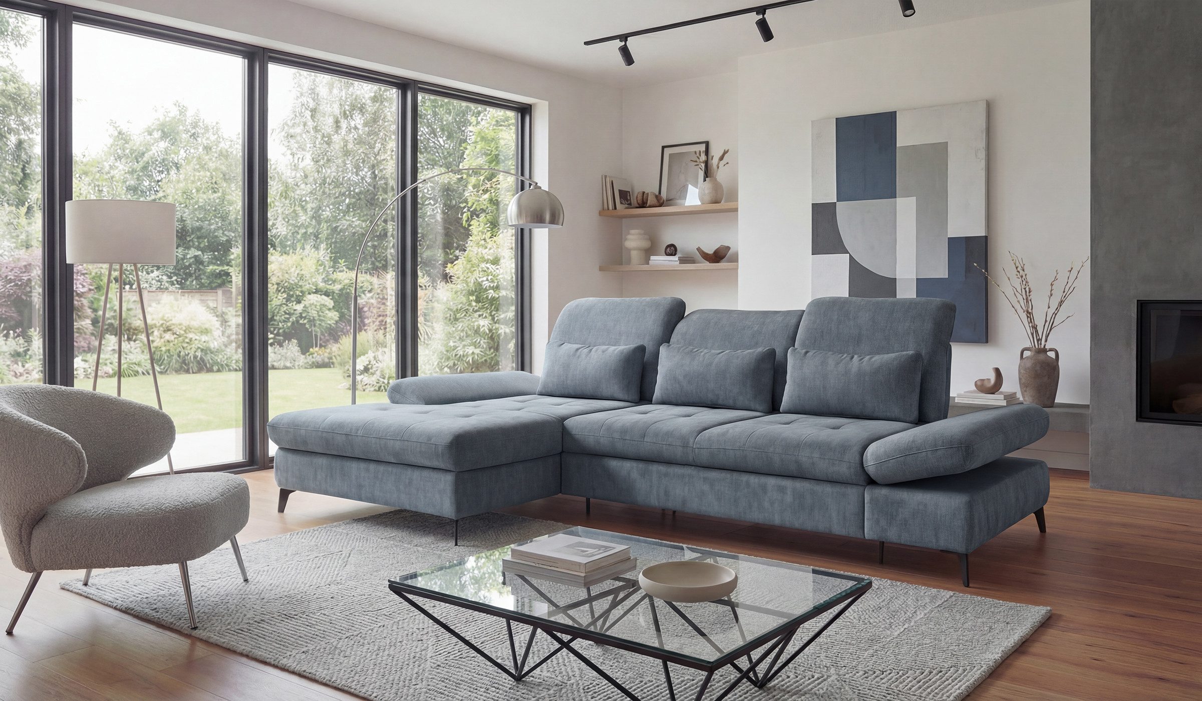 Hygger Möbelhaus Ecksofa Nola L-Form 300 x 170 cm. Wahlweise mit Bettfunktion und Bettkasten., Inkl. Sitztiefenverstellung, Kopfteilverstellung, Armteilverstellung, funktionales Design im minimalistischen Stil.