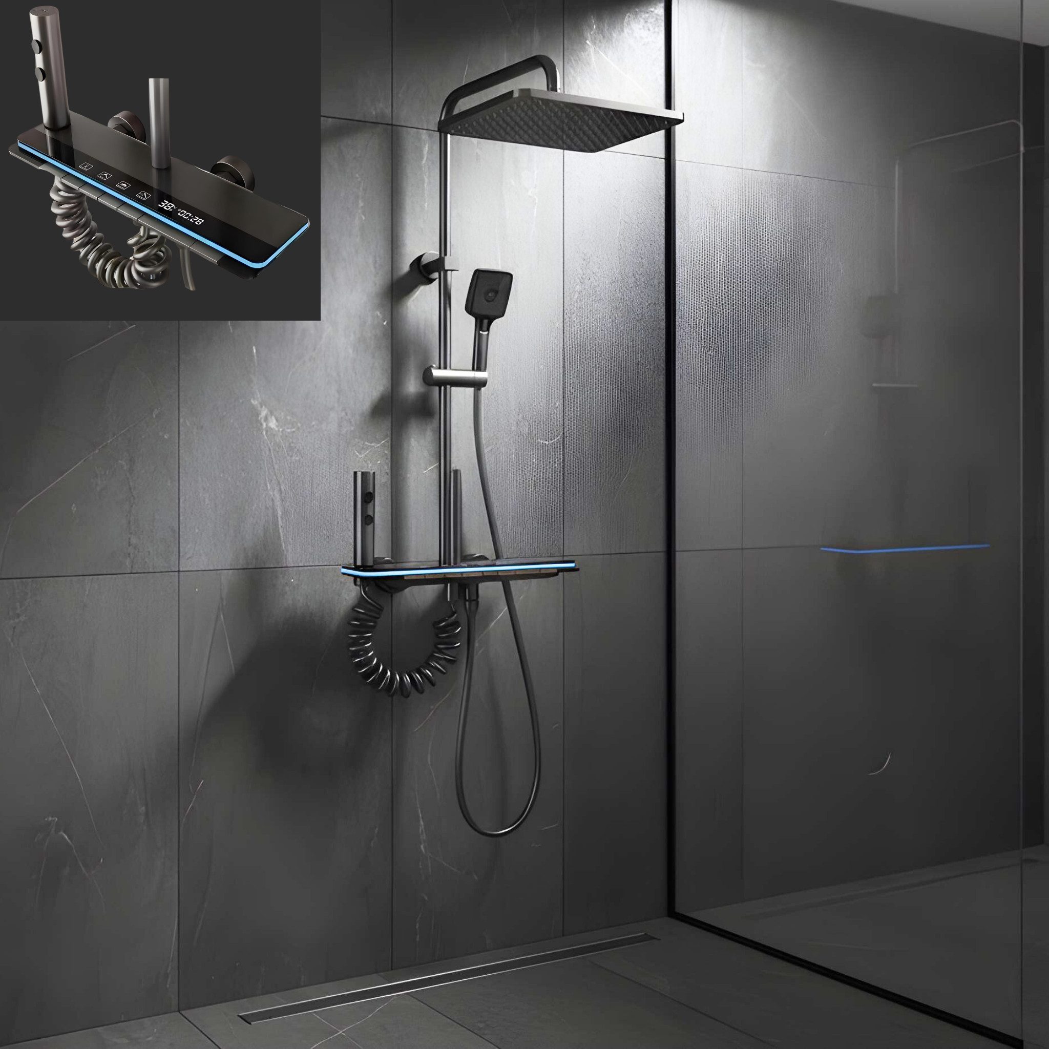 LuxaSteel Duscharmatur Duschsystem mit LED-Beleuchtung & Display (Komplett-Set, Direkt einsatzbereit) Regendusche Komplettset mit LED-Beleuchtung & Display