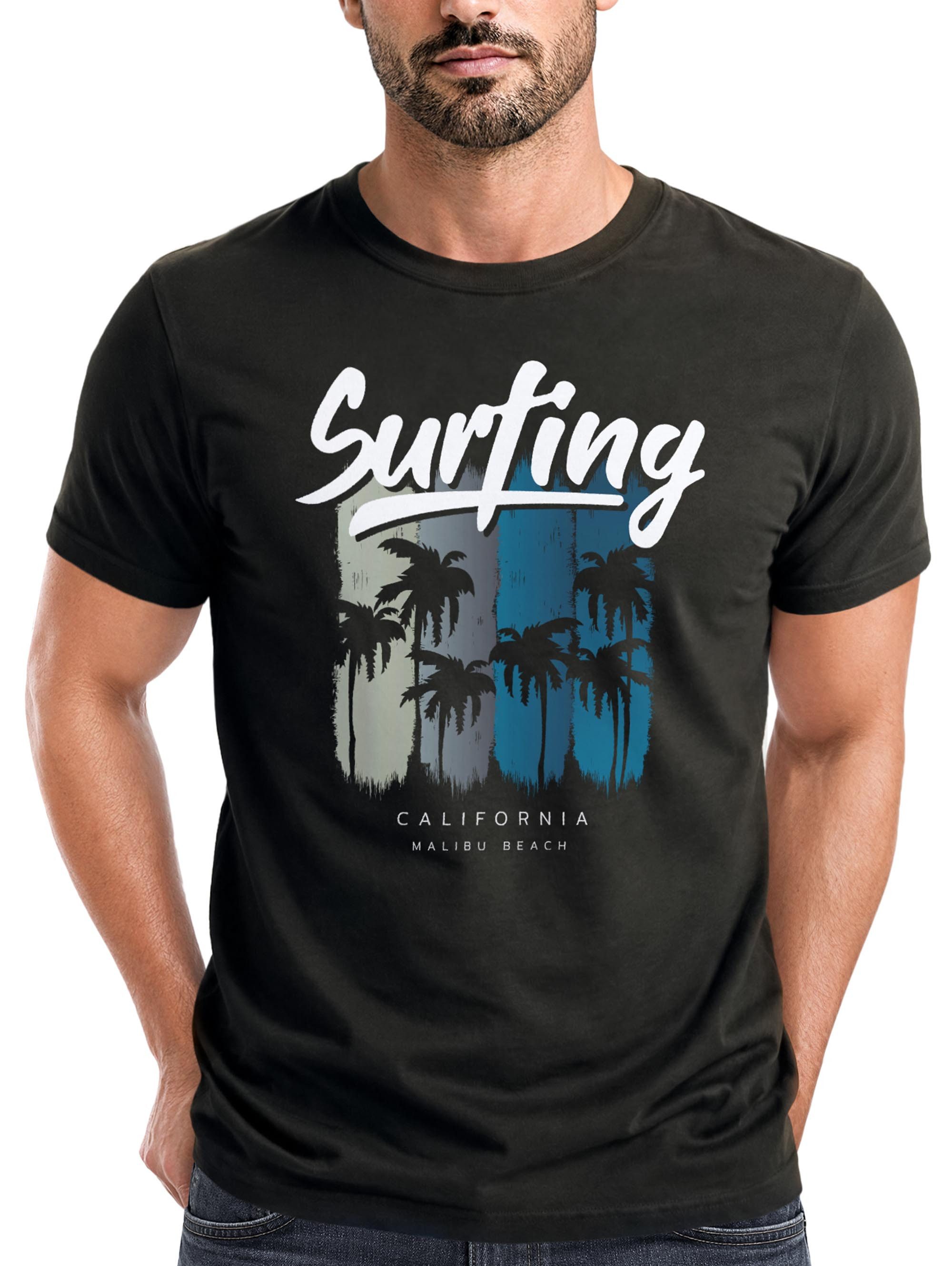 Print-Shirt Herren T-Shirt Surfing California Malibu Beach Sommer Strand Palmen