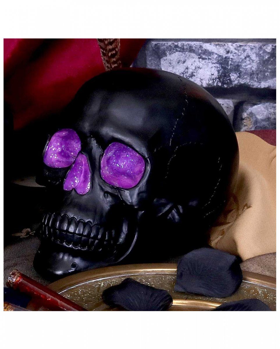 Horror-Shop Dekofigur Schwarzer Totenkopf Geode Glitzereff mit violettem