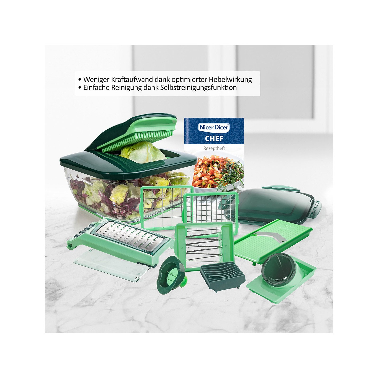 Genius Gemüseschneider Nicer Dicer Chef Deluxe 28-tlg. Set inkl. Glasschüssel, Weniger Kraftaufwand dank optimierter Hebelwirkung!