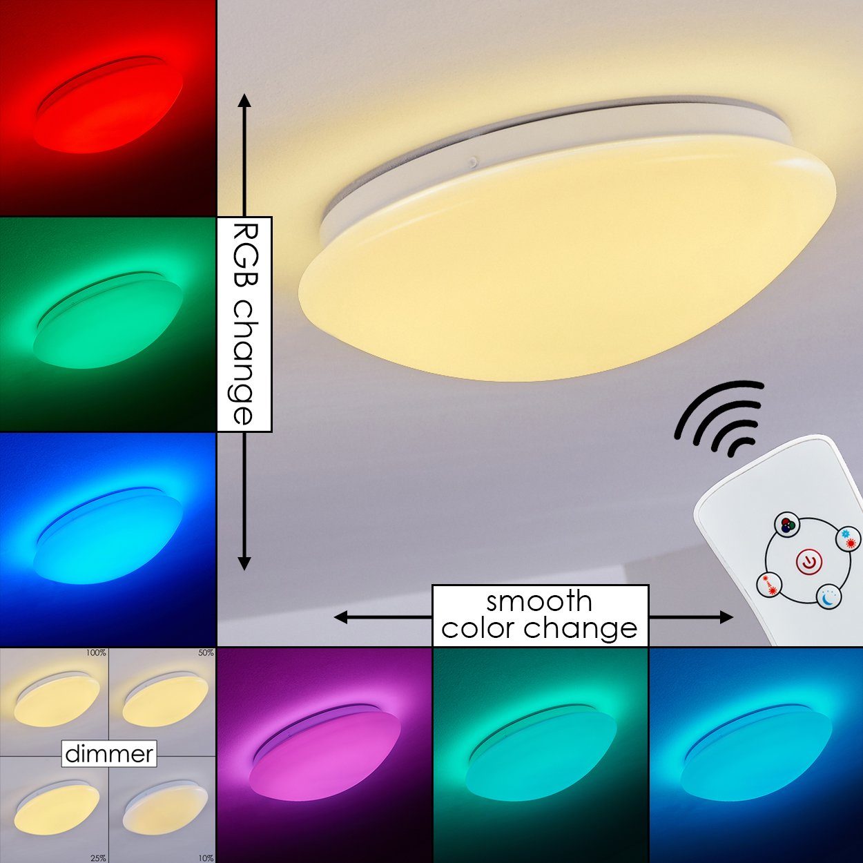 hofstein Deckenleuchte »Osini« runde Deckenlampe mit RGB Farbwechsler und Fernbedienung, 3000 Kelvin, dimmbar, mit Nachtlichtfunktion, 12 Watt, 850 Lumen