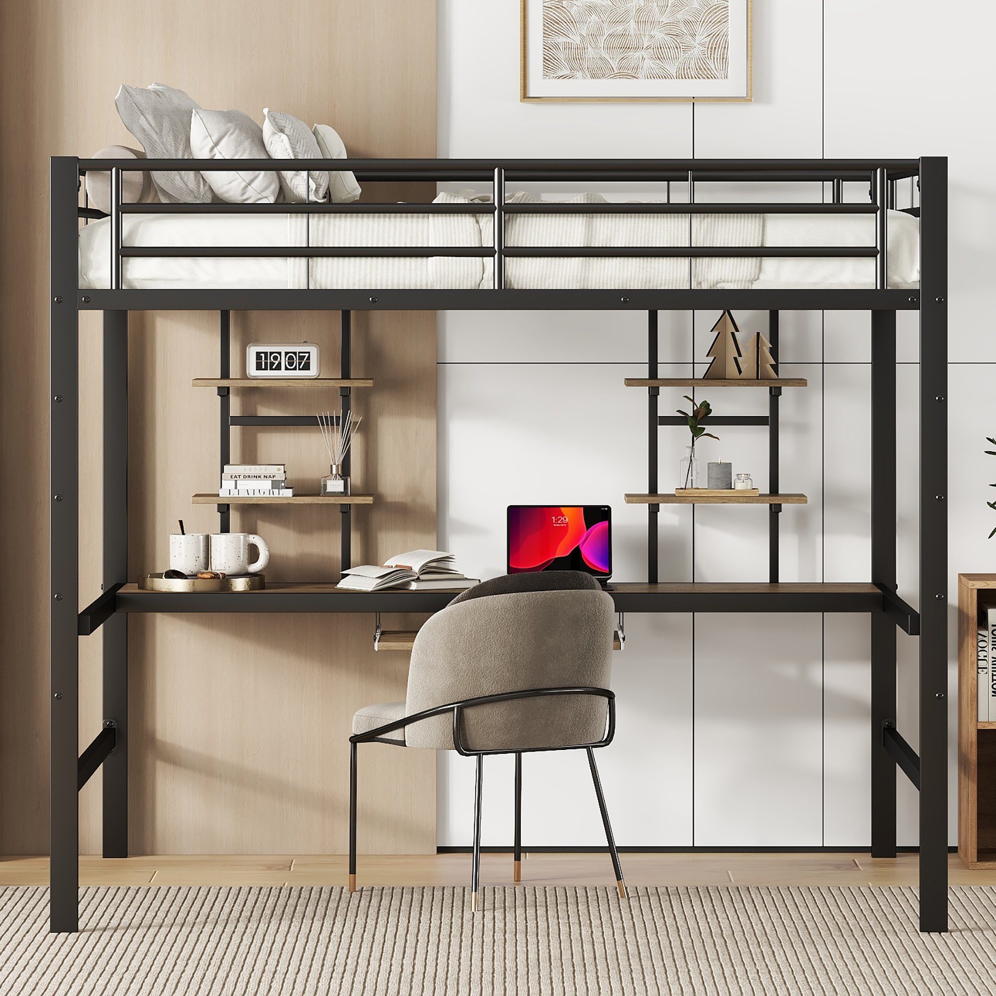 Flieks Hochbett Metallbett Kinderbett mit Schreibtisch & Regal 140x200cm oh günstig online kaufen