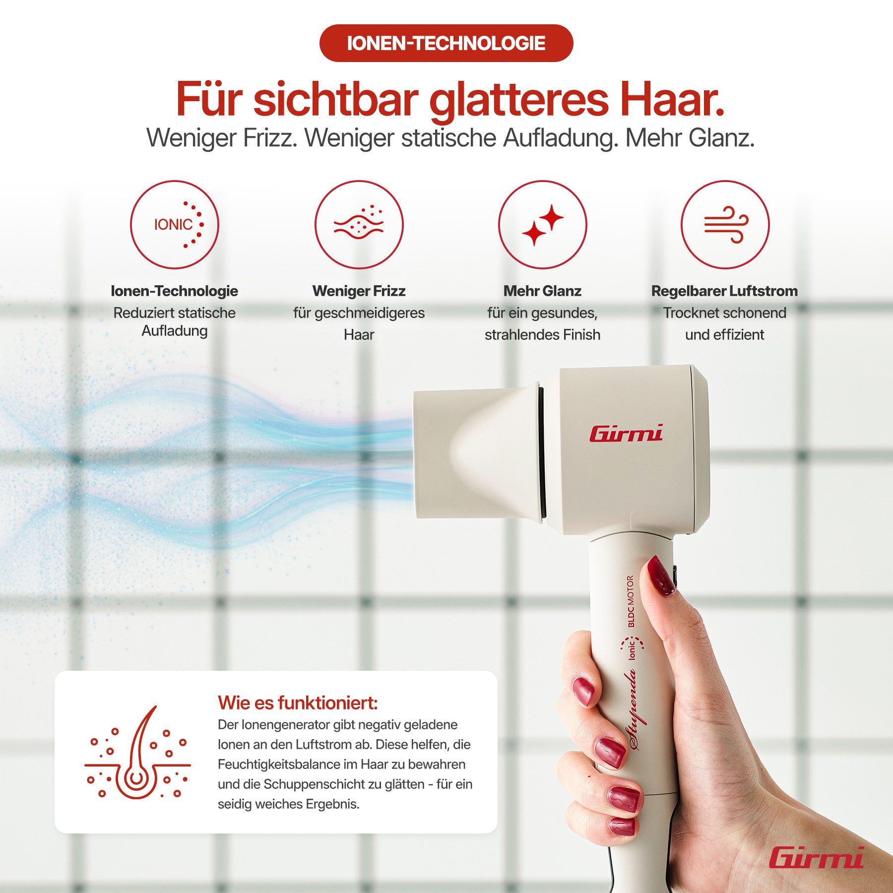 Girmi Ionic-Haartrockner PH92, 1800 W, 2 Stufen, 5 Temperaturen, bürstenloser Motor, Ionenfunktion