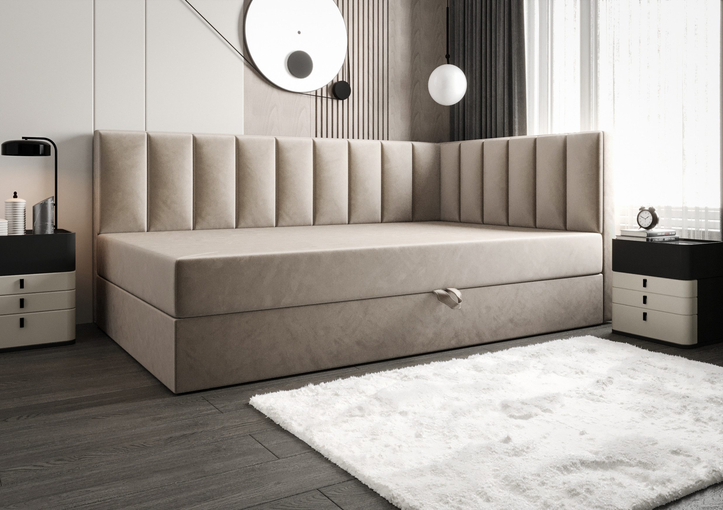 B&B Home Boxspringbett Adelle rechts oder links 90 cm 120 cm (H3 Matratze Bonnellfederung, Kopfteil, Seitenteil und Bettkasten)