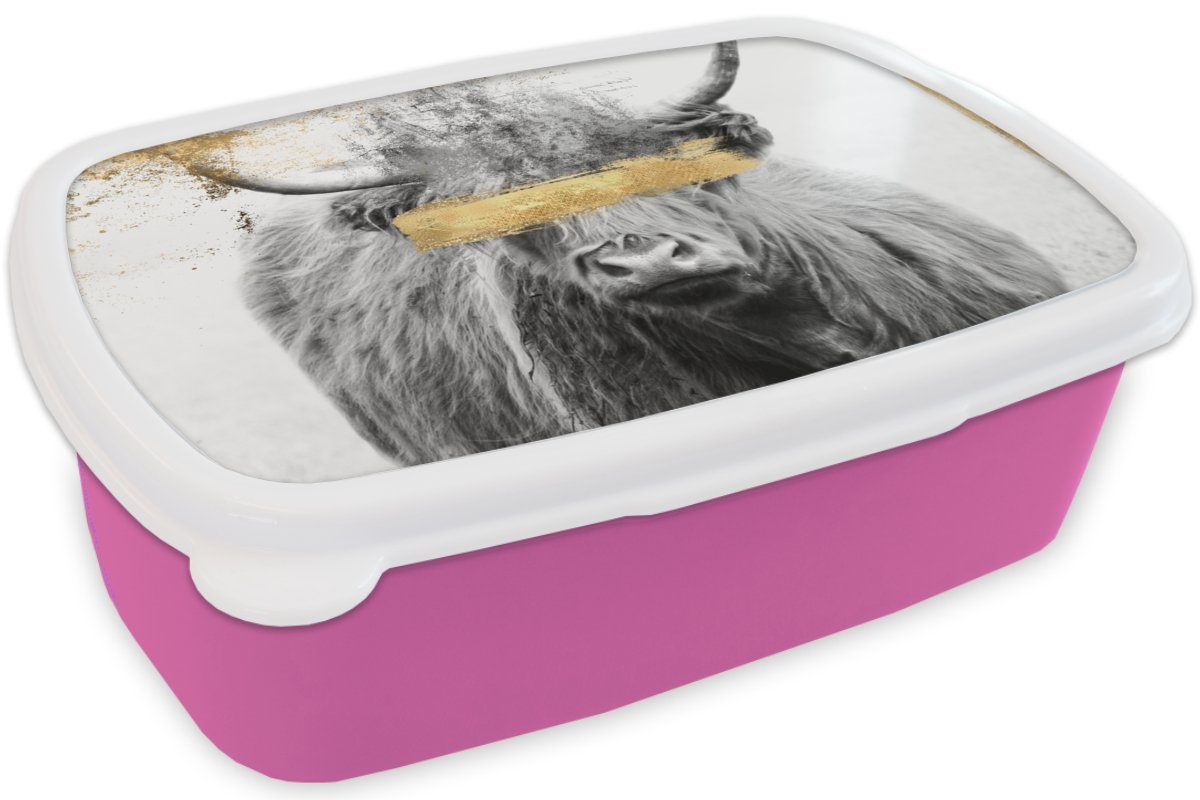 MuchoWow Lunchbox Snackbox, Erwachsene, - - Schottischer Mädchen, Kunststoff für rosa Highlander Brotbox (2-tlg), Kinder, Weiß, Brotdose Kunststoff, Schwarz Gold 