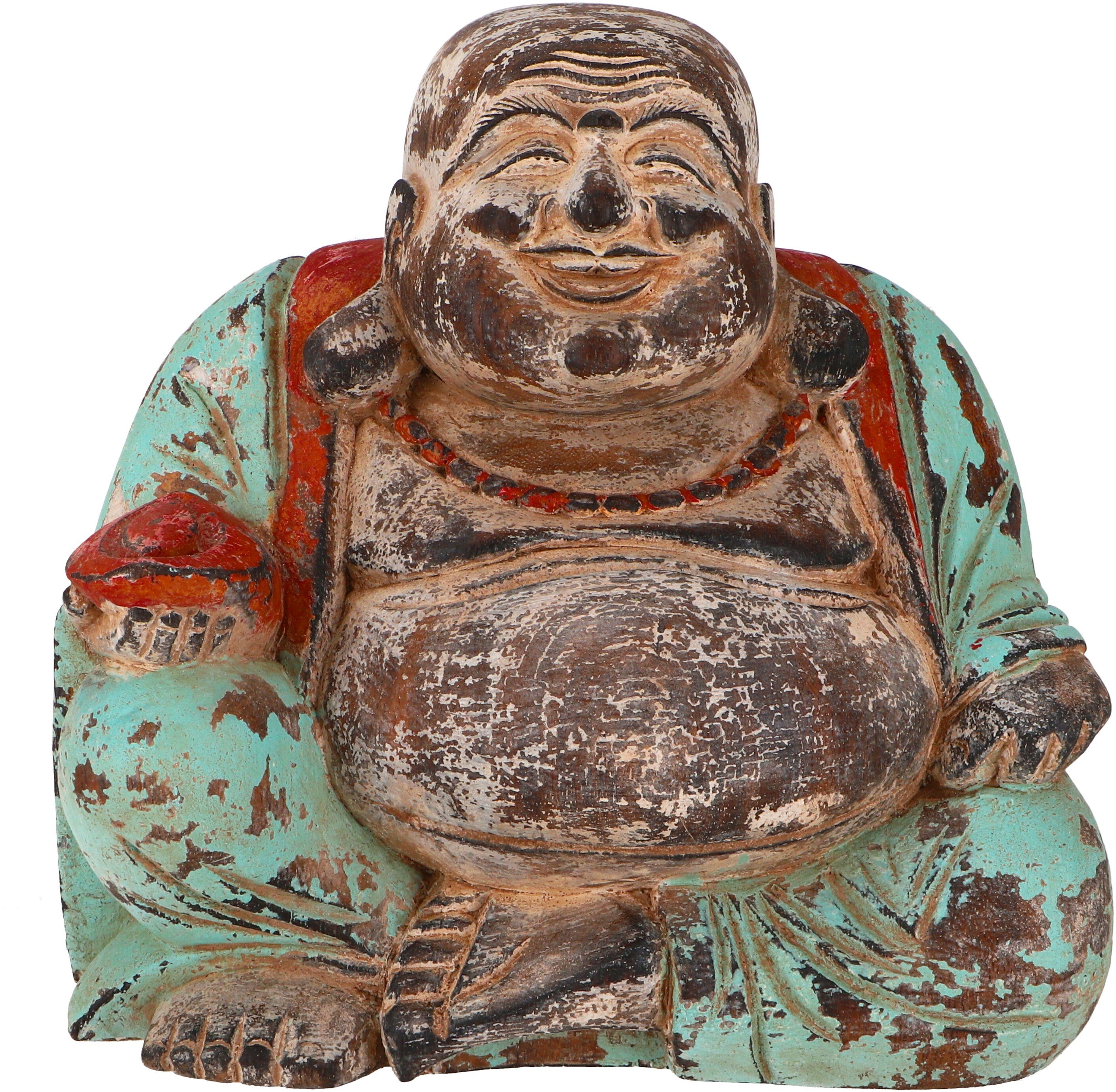 Guru-Shop Lachender Handarbeit.. Statue, Buddha Buddhafigur Holzbuddha,