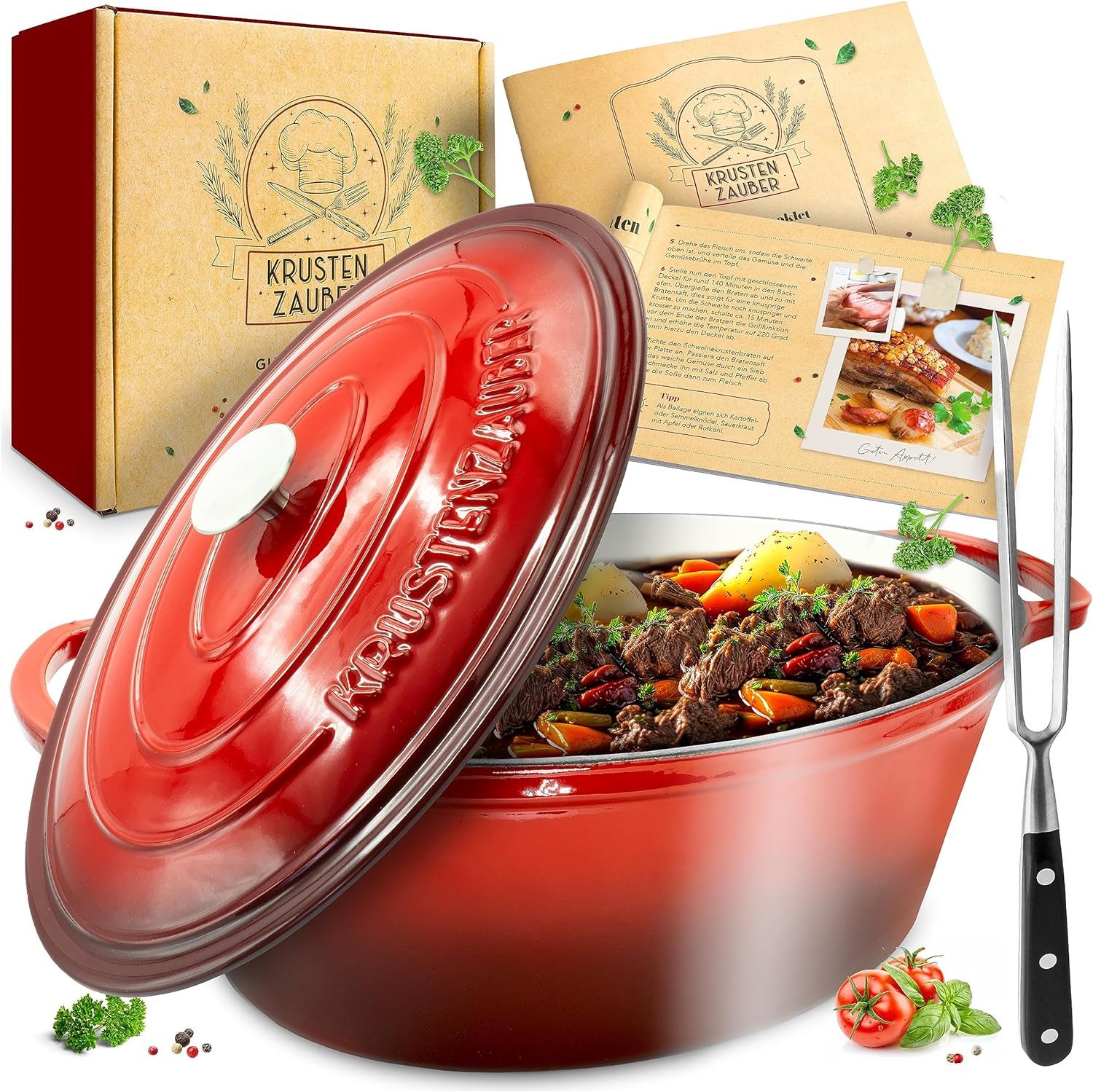Krustenzauber Bräter Gusseisen Bräter mit Deckel backofengeeignet inkl. Fleischgabel, (Emaille Topf XL - Idealer Schmortopf Kazan), Induktion Oval, Geschenk Weihnachten