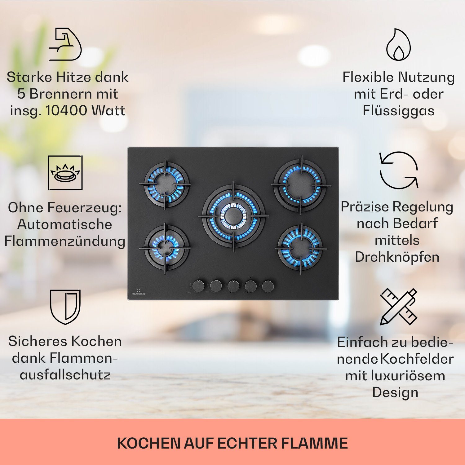 Klarstein Gas-Kochfeld Firetale gas hob, 5 flammen brenner Kochfelder Gaskochfelder