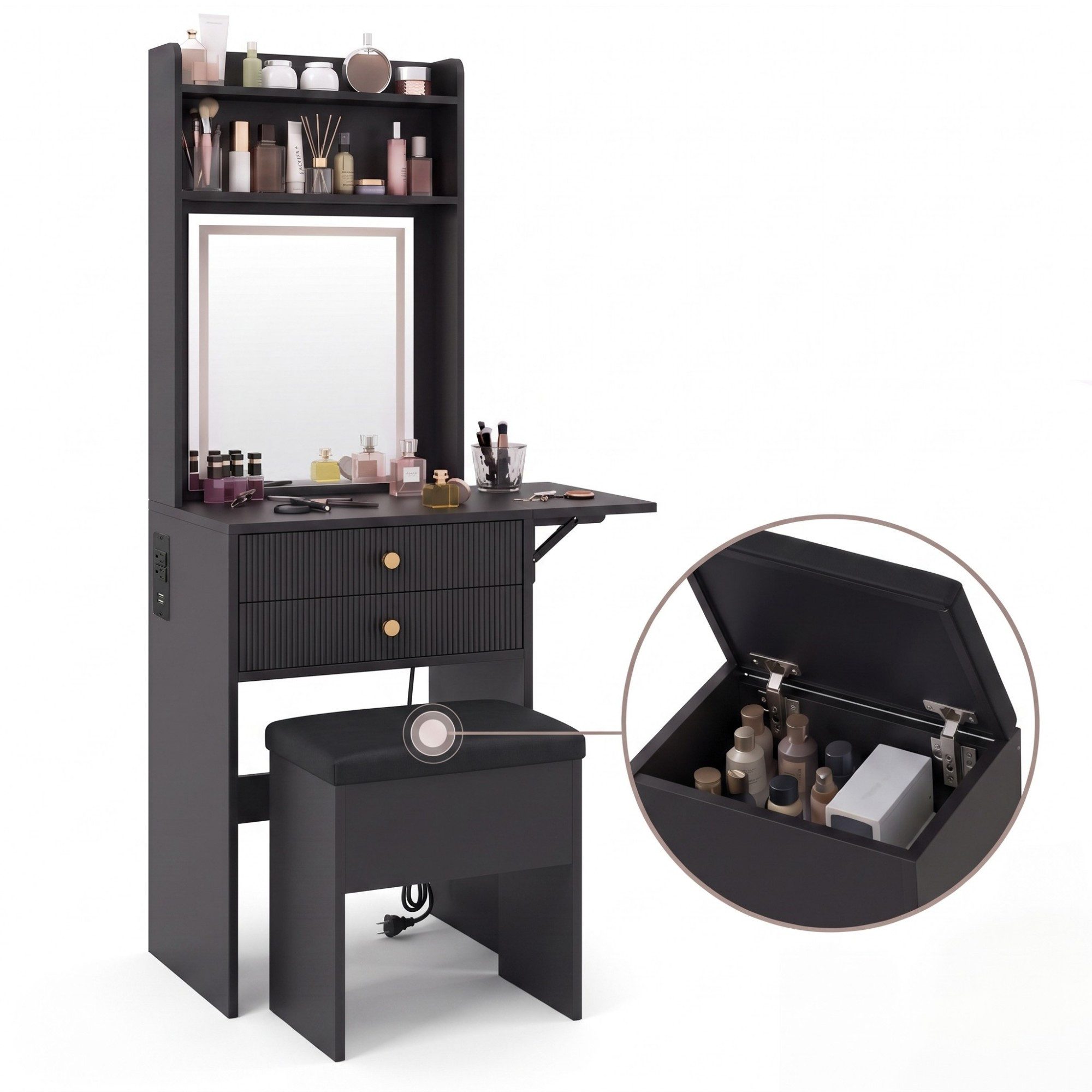 GarveeMore Schminktisch mit Spiegel und Hocker, LED-Beleuchtung, einstellbare Helligkeit (2-St), (BxTxH) 50x45x153 cm, 1 offene Fächer und 2 Schubladen