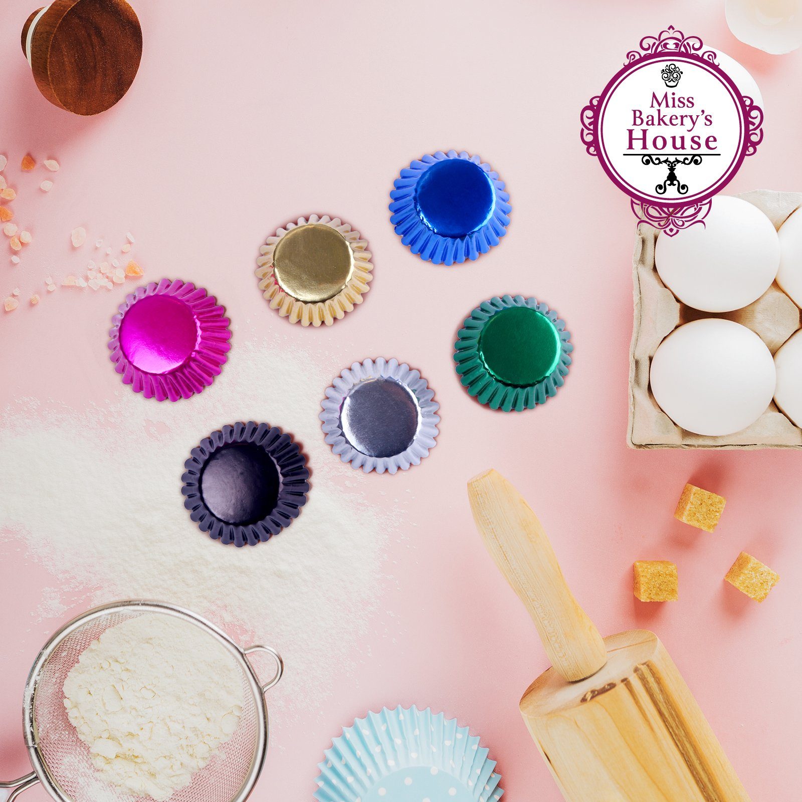 Bakery's kleine für Miss (Blau Mini und Minimuffins House Mini-Cupcakes folienbeschichtet, Muffinform Metallic-Papierbackförmchen 120-tlg), Muffinförmchen