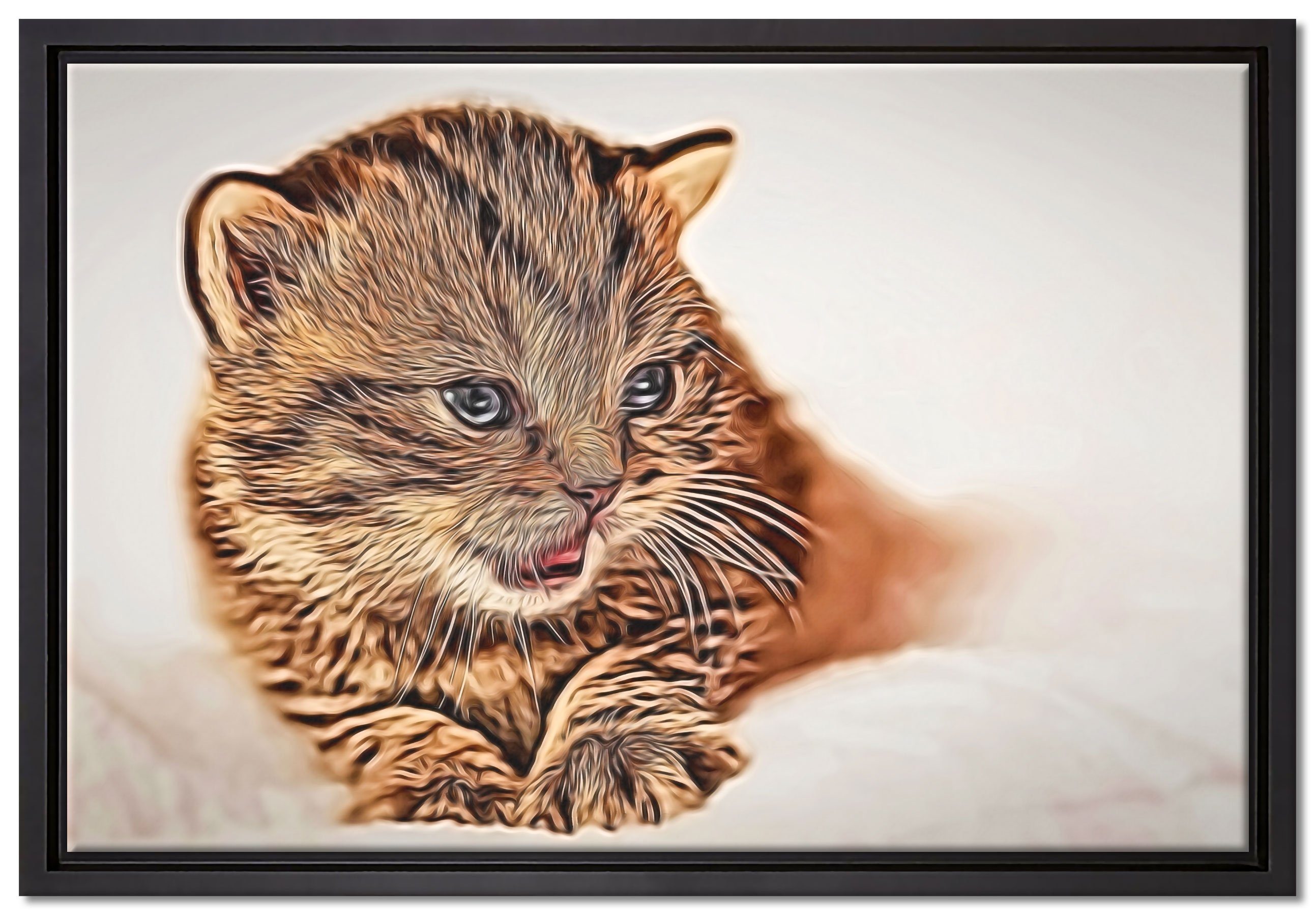 Pixxprint Leinwandbild kleines Kätzchen auf weißer Decke, Wanddekoration (1 St), Leinwandbild fertig bespannt, in einem Schattenfugen-Bilderrahmen gefasst, inkl. Zackenaufhänger