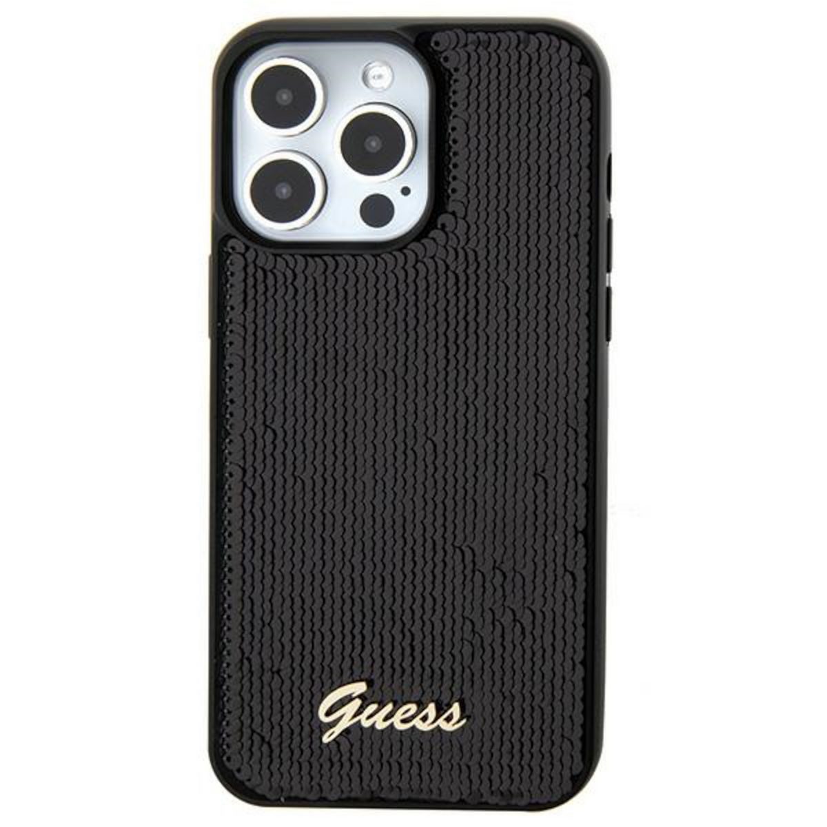 Guess Smartphone-Hülle Guess Apple iPhone 15 Schutzhülle Case Sequin Script Metal Schwarz