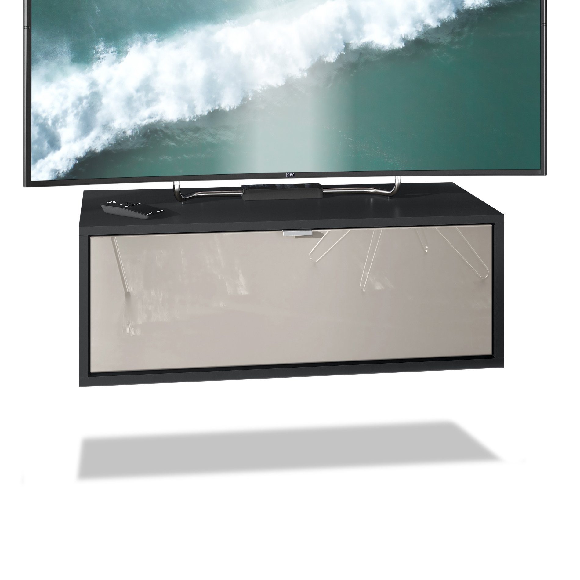 Vladon Lowboard Lana 800 (TV-Kommode, mit Klappe), Schwarz matt/Sandgrau Hochglanz (80 x 29 x 37 cm)