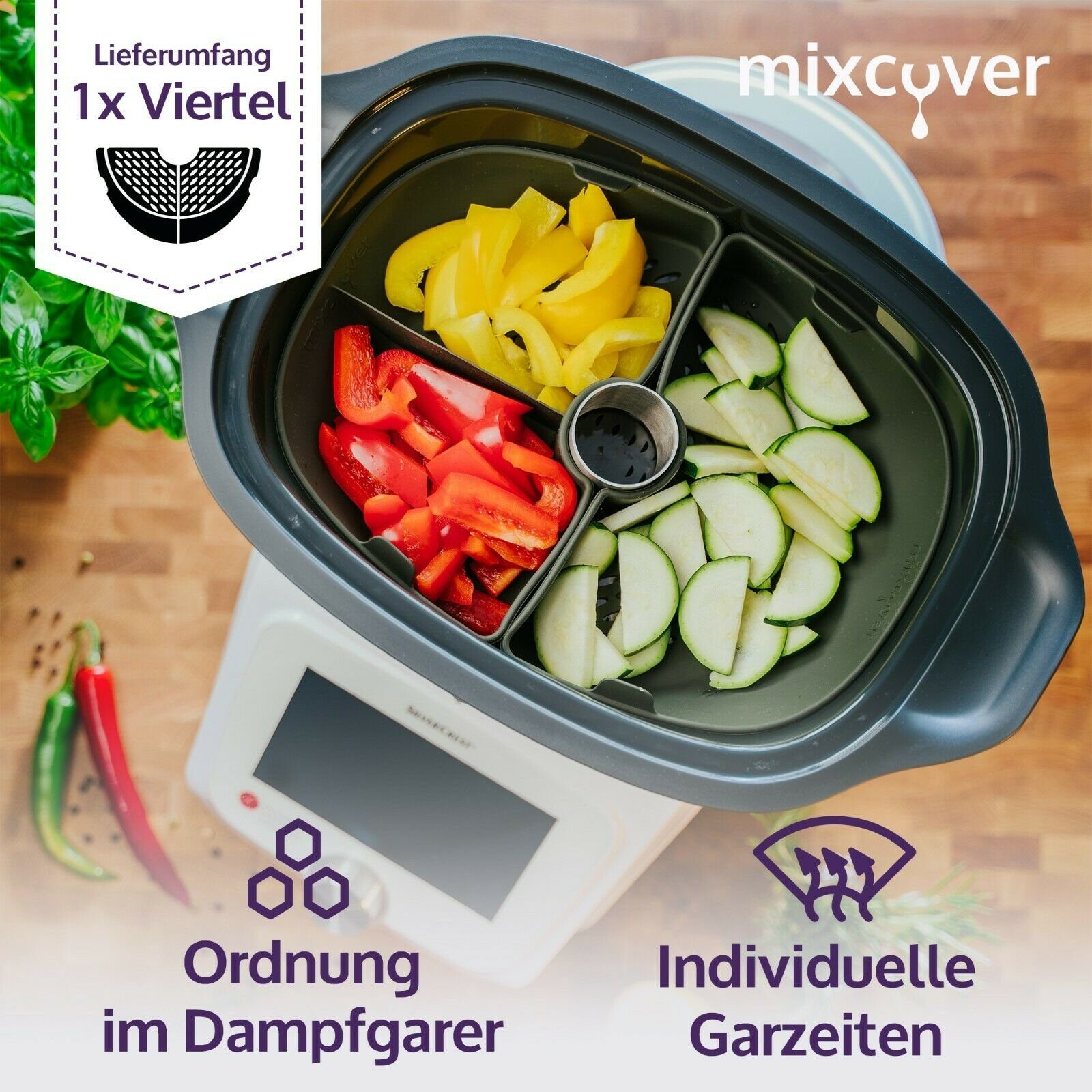 Dampfgarraum Monsieur Mixcover Küchenmaschinen-Adapter mixcover (VIERTEL) & Garraumteiler Cuisine Smart Connect
