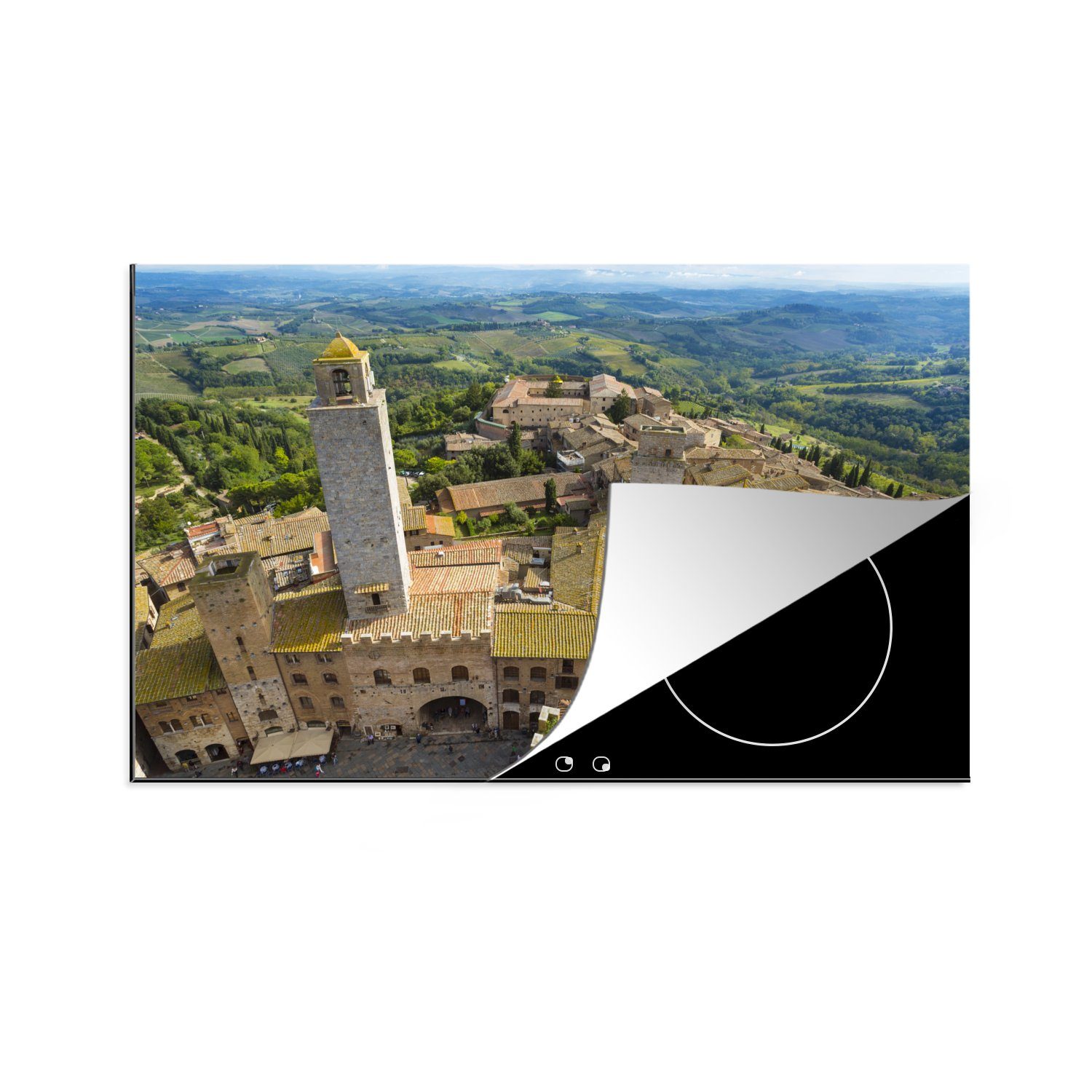 MuchoWow Herdblende-/Abdeckplatte San Gimignano von oben in der Toskana, Italien, Vinyl, (1 tlg), 81x52 cm, Induktionskochfeld Schutz für die küche, Ceranfeldabdeckung