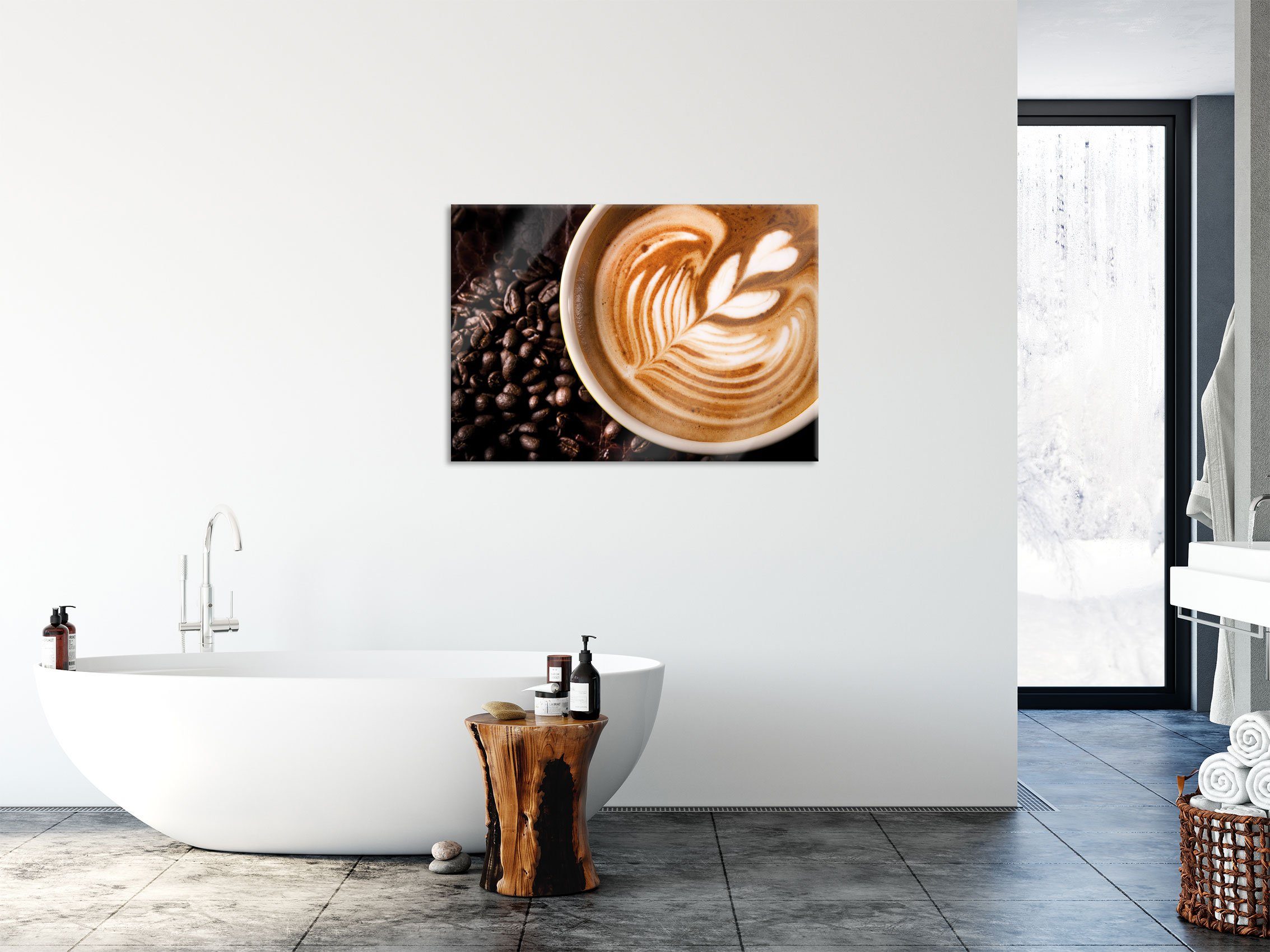 Glasbild (1 aus Kaffee Abstandshalter mit Schaumherz inkl. Aufhängungen Echtglas, Glasbild St), Tasse Tasse Kaffee und mit Schaumherz, Pixxprint