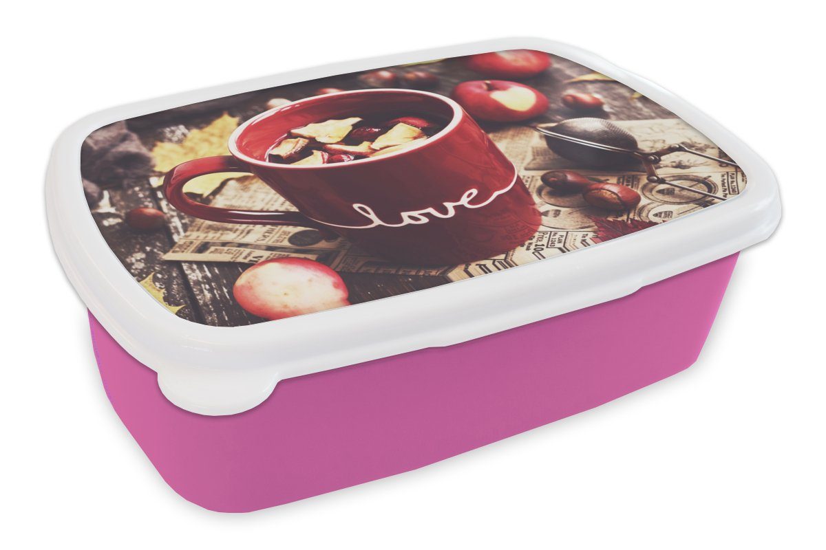 MuchoWow Lunchbox Snackbox, rosa Kunststoff, Apfel Tee (2-tlg), Preiselbeere, Erwachsene, Mädchen, - Kinder, für Brotbox Brotdose Kunststoff 