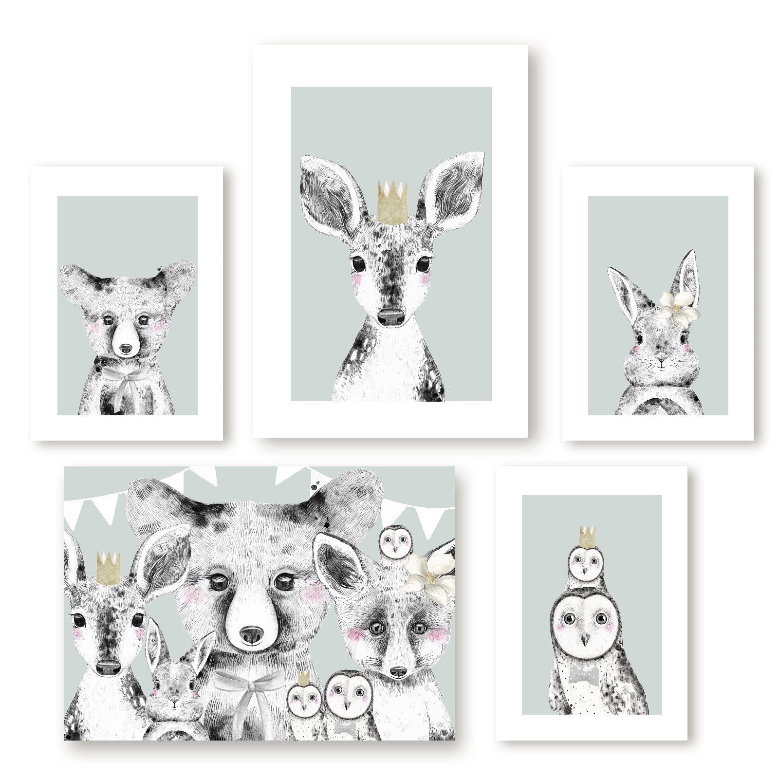 homestyle-accessoires Плакат Kinderzimmer Зображенняset WALDTIERE - BAMBI BÄR FUCHS HASE EULE, (5 St), - Ohne Зображенняrahmen - sorgfältige & sichere Verpackung